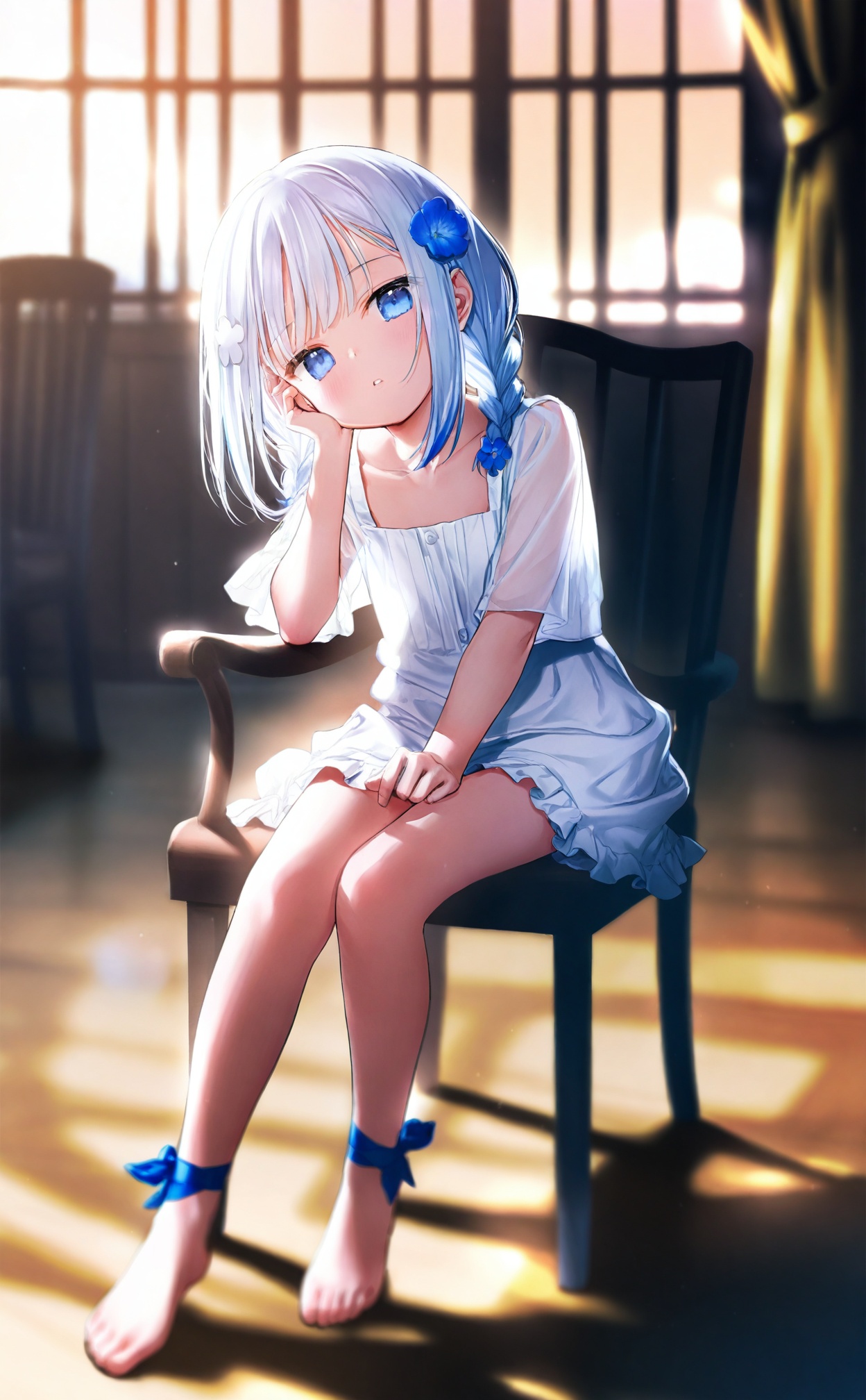 masterpiece,blurry background,loli,light leaks,fair_skin,blurry,depth_of_field,Cinematic Lighting,background light,1girl, flower, dress, solo, toes, hair ornament, white dress, blue eyes, sitting, hair flower, blue flower, looking at viewer, feet, braid, blurry, frills, see-through, indoors, frilled dress, blurry background, full body, on chair, twin braids, chair, short sleeves, toenails, white hair, collarbone, window, hair over shoulder, blue hair, parted lips, legs, blush, shadow, head tilt, medium hair, hand on own face, depth of field, barefoot, low twin braids, multicolored hair, sidelocks, wooden floor, hand up, leg ribbon, long hair, curtains, hand on own cheek, ankle ribbon, cross-laced clothes, see-through sleeves, virtual youtuber, frilled sleeves, no shoes