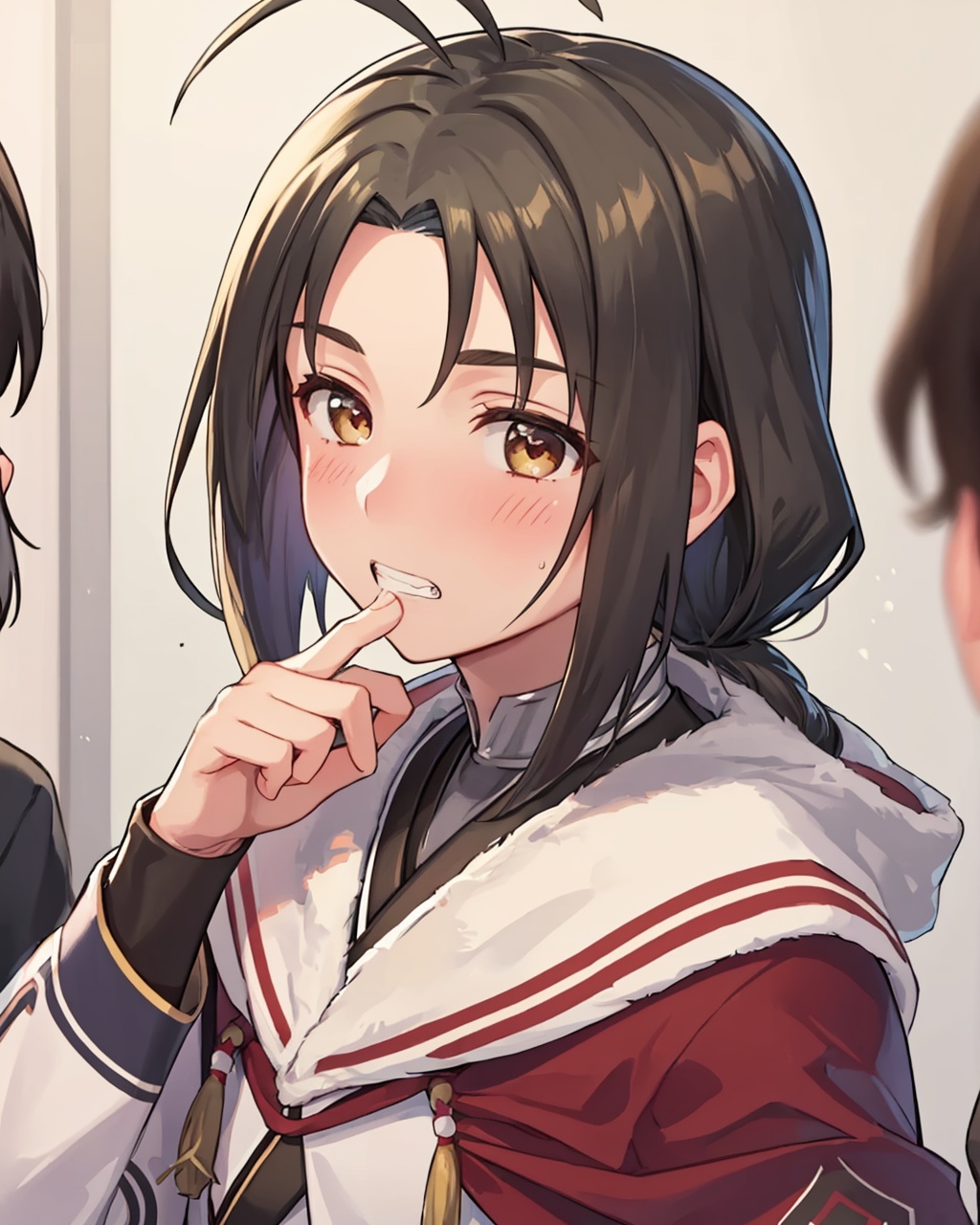 masterpiece,best quality, highly detailed, haku (utawarerumono), > <, blush, trembling, ahoge, 1girl, solo focus, 1boy, fingerless gloves, male focus, clenched teeth,<lora:haku_(utawarerumono):1>
