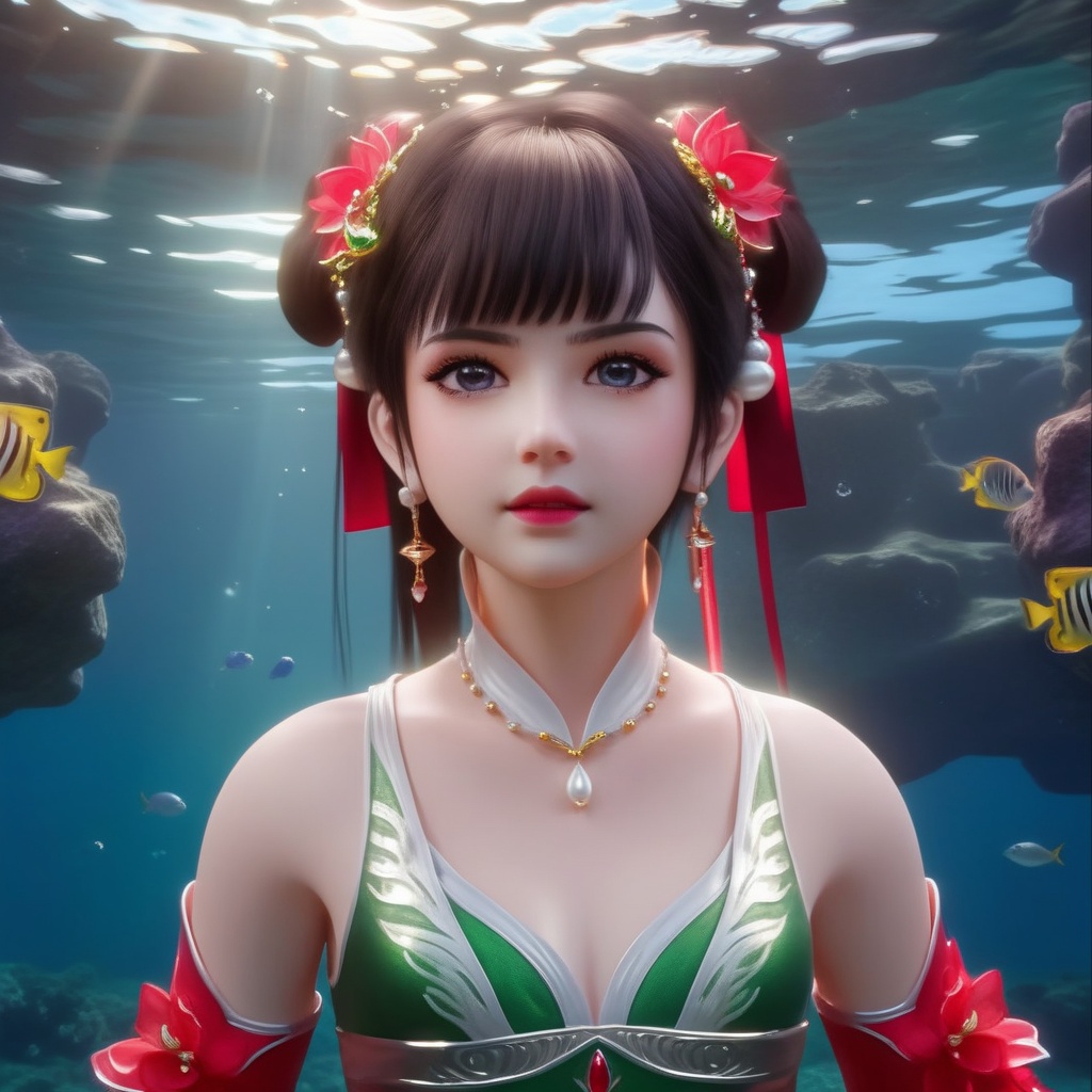 <lora:848-DA-XL-完美世界-火灵儿-幼年:0.8>, (,1girl, ,best quality, ),,masterpiece, ((((, solo,  , ,solo focus, ,underwater, )))) ,ultra realistic 8k cg,   clean, masterpiece,     cinematic lighting, cinematic bloom,  (( , )),, , unreal, science fiction, luxury, jewelry, diamond, gold, pearl, gem, sapphire, ruby, emerald, intricate detail, delicate pattern, charming, alluring, seductive, erotic, enchanting, hair ornament, necklace, earrings, bracelet, armlet,,(cleavage),,