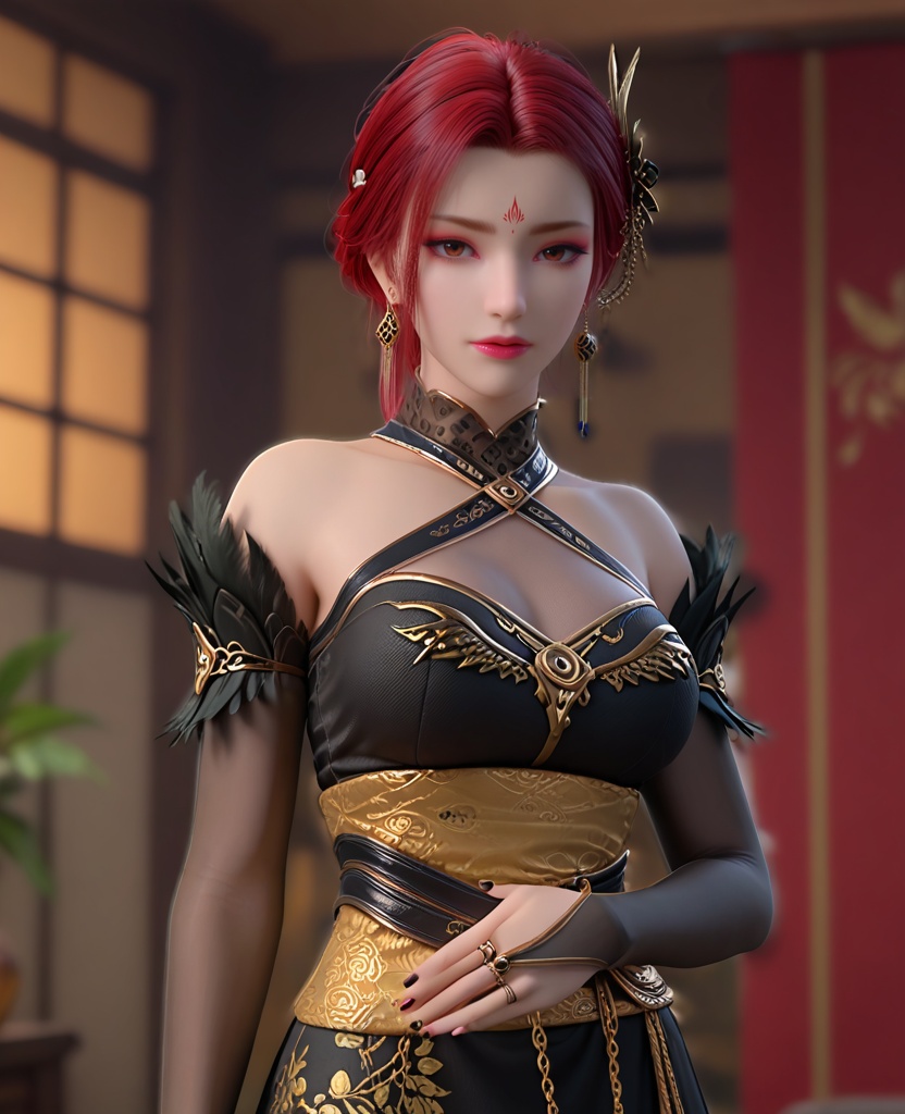 (oriental architecture, elegant decor, sophisticated style:1.1),(looking over her shoulder:1.1),(breasts:1.2),<lora:XL斗破苍穹雅妃:0.8>,miss yafei,black halter dress,bare shoulders,red eyes,red lips,red eyeshadow,feathers trim,forehead mark,red hair,single hair bun,hair ornament,earrings,mesh of cleavage,sash,large breasts,makeup,black bridal gauntlets,floral print,black pantyhose,, score_9,score_8_up,score_7_up,score_6_up,score_5_up,score_4_up,3d rendering,tag1,tag2, Cinematic Lighting,backlighting,