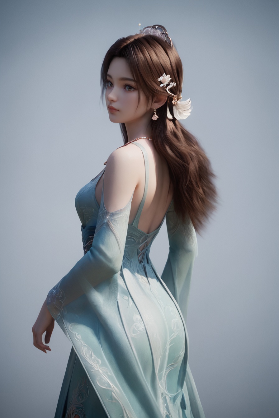 score_9,score_8 up,score_7,1girl,solo,3d,extremely detailed CG unity 8k wallpaper,<lora:宋玉:0.7>,brown hair,closed mouth,dress,expressionless,hair ornament,long hair,long sleeves,necklace,portrait,looking_back,from_back,