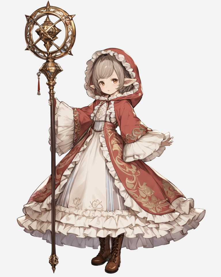 (best quality), ((masterpiece)), (highres), illustration, original, extremely detailed, <lora:JTのGame Character XL:0.7>1girl, solo, pointy ears, holding, staff, full body, dress, hood, white background, holding staff, simple background, standing, wide sleeves, boots, brown footwear, long sleeves, hood up, grey hair, brown eyes, frills, :o, short hair, looking at viewer, bangs, harvin, frilled dress