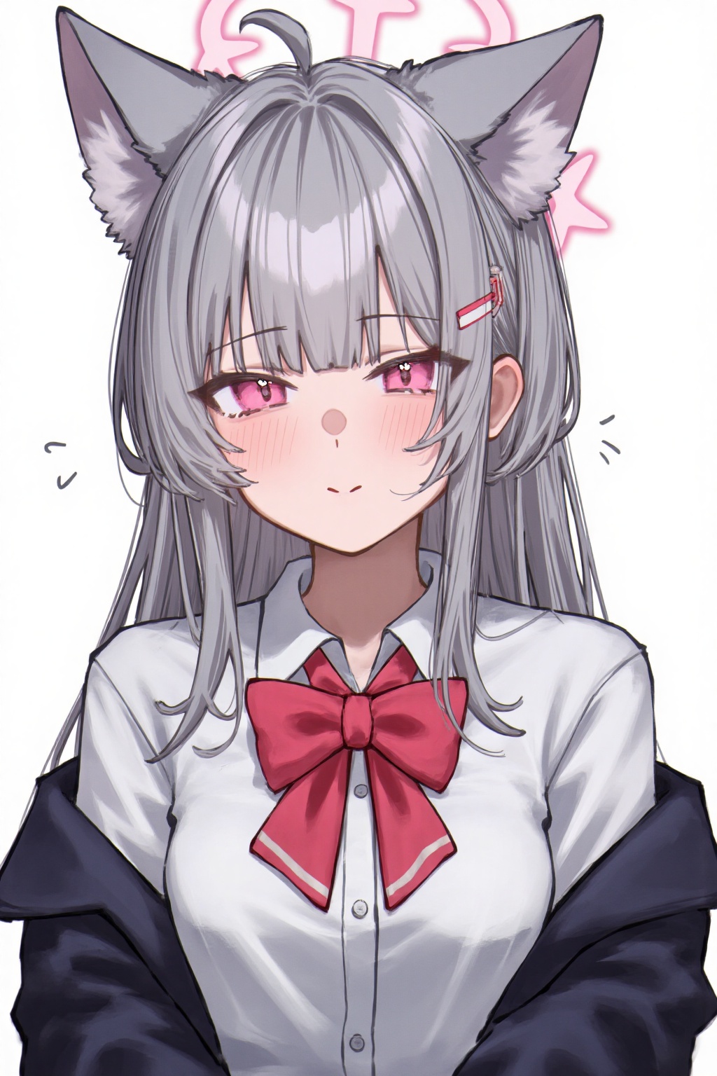 anon,1girl, solo, animal ears, long hair, shirt, hair ornament, bow, white shirt, upper body, cat ears, jacket, collared shirt, simple background, looking at viewer, grey hair, closed mouth, pink eyes, red bow, hairclip, bowtie, white background, open clothes, off shoulder, open jacket, expressionless
