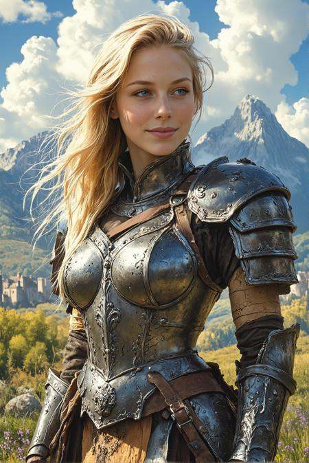 cinematic film still Fantasy painting of a girl, the most beautiful blonde girl in the world, (blue eyes), smiling at the painnter (super intricately carved medieval armor), metal reflections, upper body, outdoors, intense sunlight, far away castle . shallow depth of field, vignette, highly detailed, high budget, bokeh, cinemascope, moody, epic, gorgeous, film grain, grainy