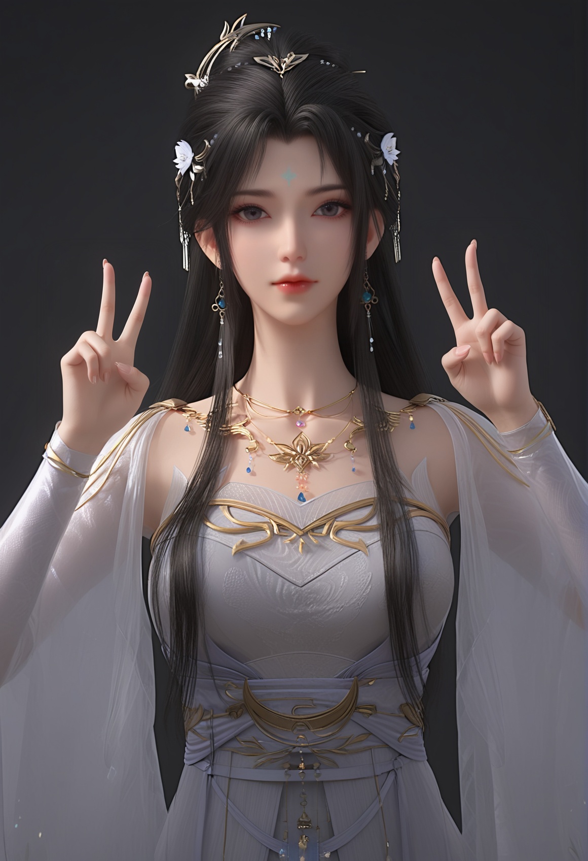 (score_9),upper body,double v,<lora:清漪-apony:0.8>,qingyi,(mature_female),solo,hair ornament,long hair,earrings,black hair,forehead mark,hair flower,detached sleeves,white dress,jewelry,necklace,belt,sash,<lora:perfect eyes_v1:0.8>,looking at viewer,front view,<lora:Expressive_H-000001:0.8>,Expressiveh,collarbone,(glamor:1.2),curvy,pointy breasts,puffy breasts,ultra-detailed skin texture,black background,simple background,4K ultra HD,sharp focus,high detail,natural lighting,high contrast,