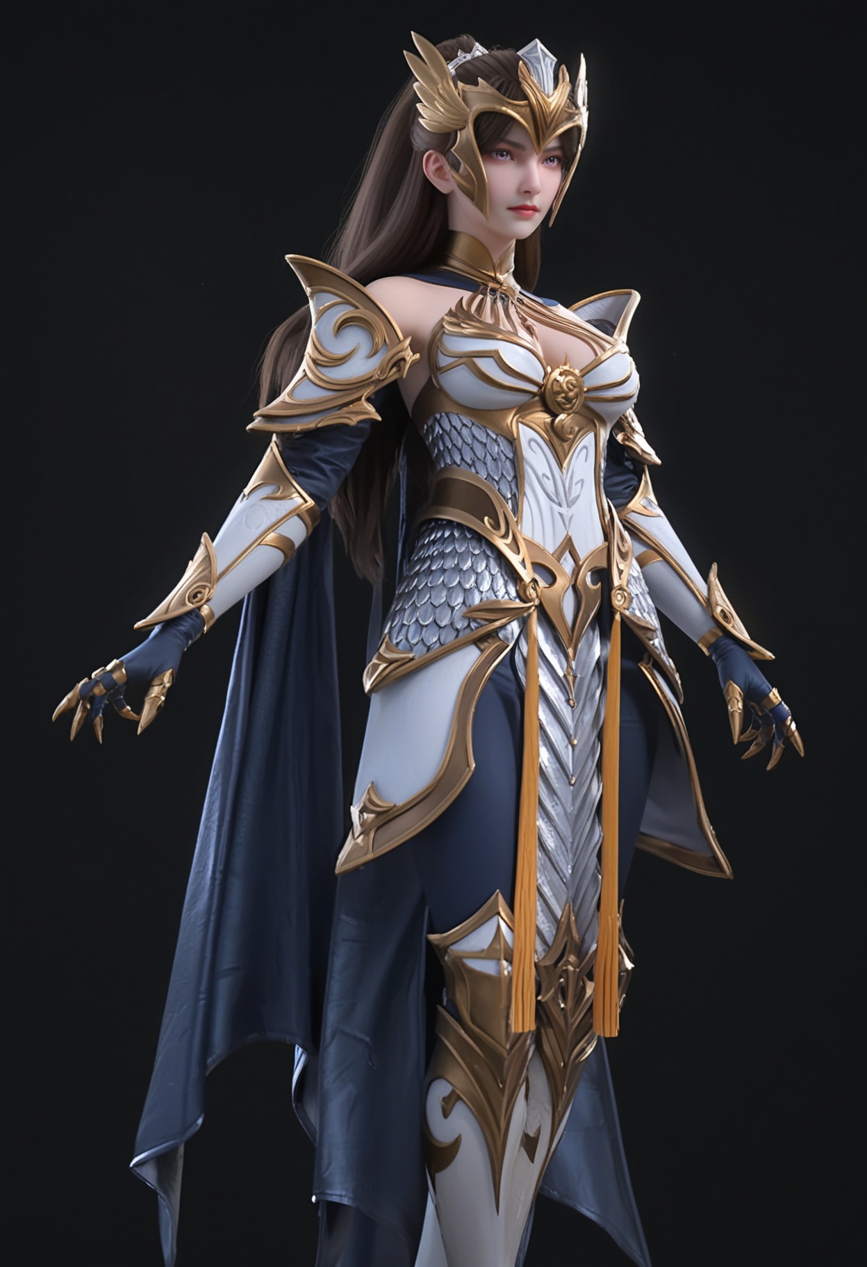 (standing full_body:1.1),score_9,score_8_up,masterpiece,(best quality),intricate details,facing viewer,(looking at viewer:1.1),<lora:YQ_pony_nvzhanshen_V4:0.8>,q1528437228,1girl,solo,long hair,armor,black hair,shoulder armor,gauntlets,brown hair,ponytail,helmet,pauldrons,armored dress,hair ornament,breastplate,gloves,gorget,purple eyes,blue eyes,dress,vambraces,boots,brown eyes,armored boots,cape,BREAK(score_9:1.2),(score_8_up:1.2),masterpiece,best quality,very aesthetic,perfect anatomy,(hourglass),perfect face,(simple background,pure black background,black background:1.1),fair_skin,(shiny_skin:1.1),Ivory_skin,