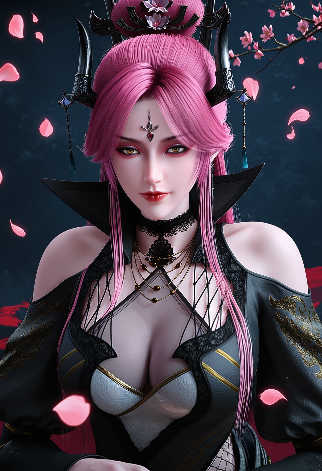 (upper_body:1.2),looking at viewer:1.1,masterpiece,(best quality),(mutated_hands:-1.2),(bad hands:-1.2),smog,Dark room,dim lighting,peach blossom,falling petals,<lora:YQ_Illustrious光辉v5_曼罗_V1:0.9>,q1528437228,1girl,solo,long hair,pink hair,jewelry,horns,hair ornament,earrings,choker,dress,makeup,necklace,red lips,red hair,purple hair,black dress,forehead mark,black high heels,yellow eyes,high collar,black choker,brown eyes,pantyhose,hair bun,black pantyhose,hair over one eye,long sleeves,puffy sleeves,eyeshadow,