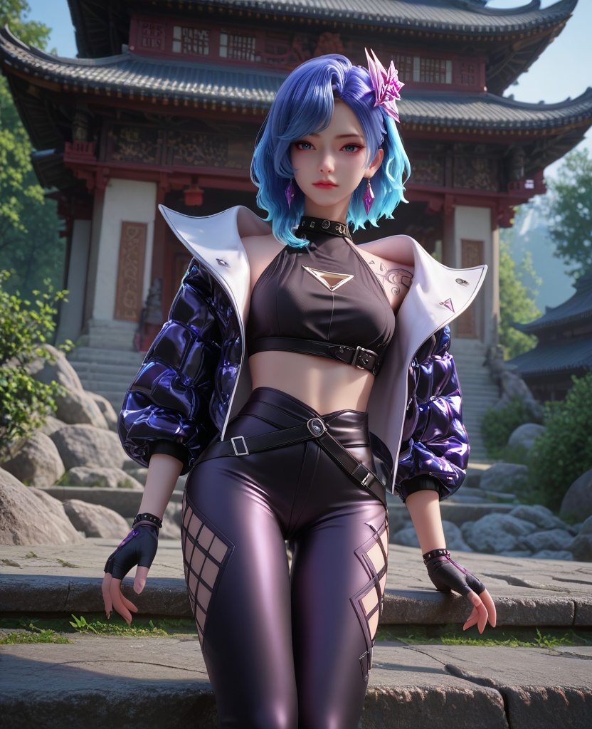 (oriental architecture, elegant decor, sophisticated style:1.1),(playing in the water park:1.1),(breasts:1.2),<lora:XL16克金玩家柳菲:0.95>,miss liufei,atropurpureus jacket,black crop top,blue eyes,blue hair,hair ornament,earrings,gem,black fingerless gloves,tattoo,belt,leggings with built-in heels,, score_9,score_8_up,score_7_up,score_6_up,score_5_up,score_4_up,3d rendering,tag1,tag2, Cinematic Lighting,backlighting,, zPDXL3, zPDXL2,zPDXL, zPDXLxxx, zPDXLrl,