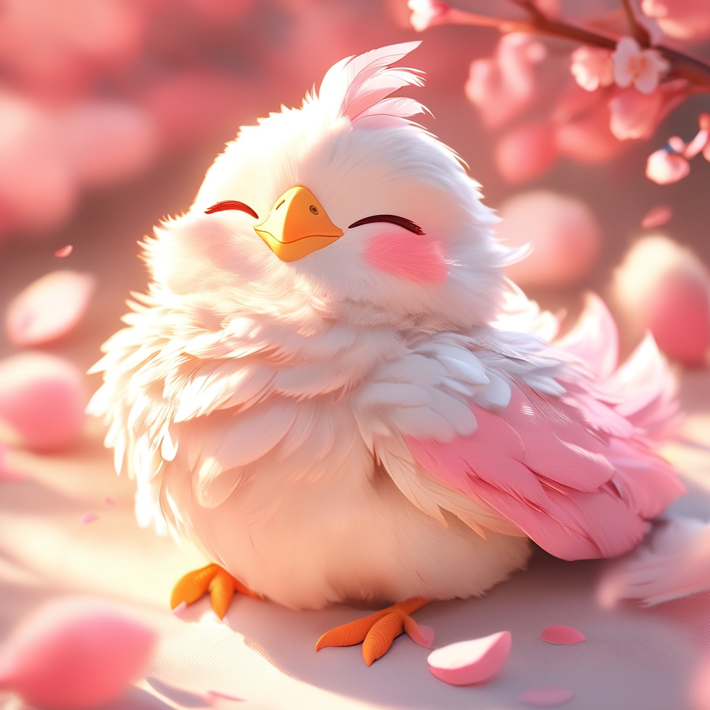 youji, chicken, fluffy, sunlight, light particles, ^ ^, whiskers, cute, cc-color-correction, mf-movie-filter, warm colors, whimsy and dramatic lighting, white fur, soft lighting, chicken focus, no humans, closed eyes, petals, bird, blush, blurry, blurry background, cherry blossoms, pokemon \(creature\), full body, closed mouth, feathers, sitting, depth of field<lora:youji_xl:0.8>,