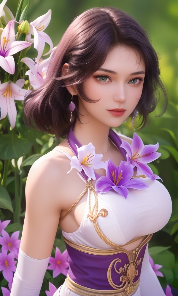 (,1girl, ,best quality, ),looking at viewer, <lora:377-DA-斗罗大陆-木槿:0.8> ,ultra detailed 8k cg,ultra detailed background,ultra realistic 8k cg,1girl, solo,(bare shoulders:0.85),(masterpiece, best quality),((oil painting style)),sexy young lady,(beautiful face and eyes),(upper body:1.5),(whole body:1.05),(single person:1.2),surrounded by flowers, (lily), roses, floret, vegetation, white, purple, purplish pink,Impressionism,colorful,(Breast size:1.3),(()),