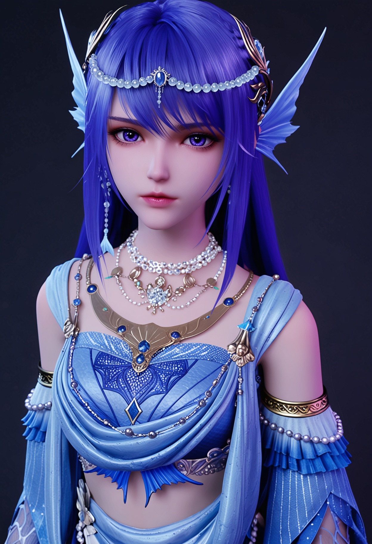 (upper_body:1.1),(looking at viewer:1.1),facing viewer,direct gaze,<lora:YQ_pony_shengcaier_fuzhuang5_V4:0.8>,q1528437228,1girl,solo,blue hair,jewelry,long hair,necklace,hair ornament,blue eyes,earrings,fins,head fins,dress,purple eyes,detached sleeves,blue dress,midriff,purple hair,beads,pearl necklace,skirt,bracelet,BREAK (white skin:1.1),(fair skin:1.1),(Ivory skin:1.1),(shiny skin),perfect anatomy,(simple background,pure black background,black background:1.1),