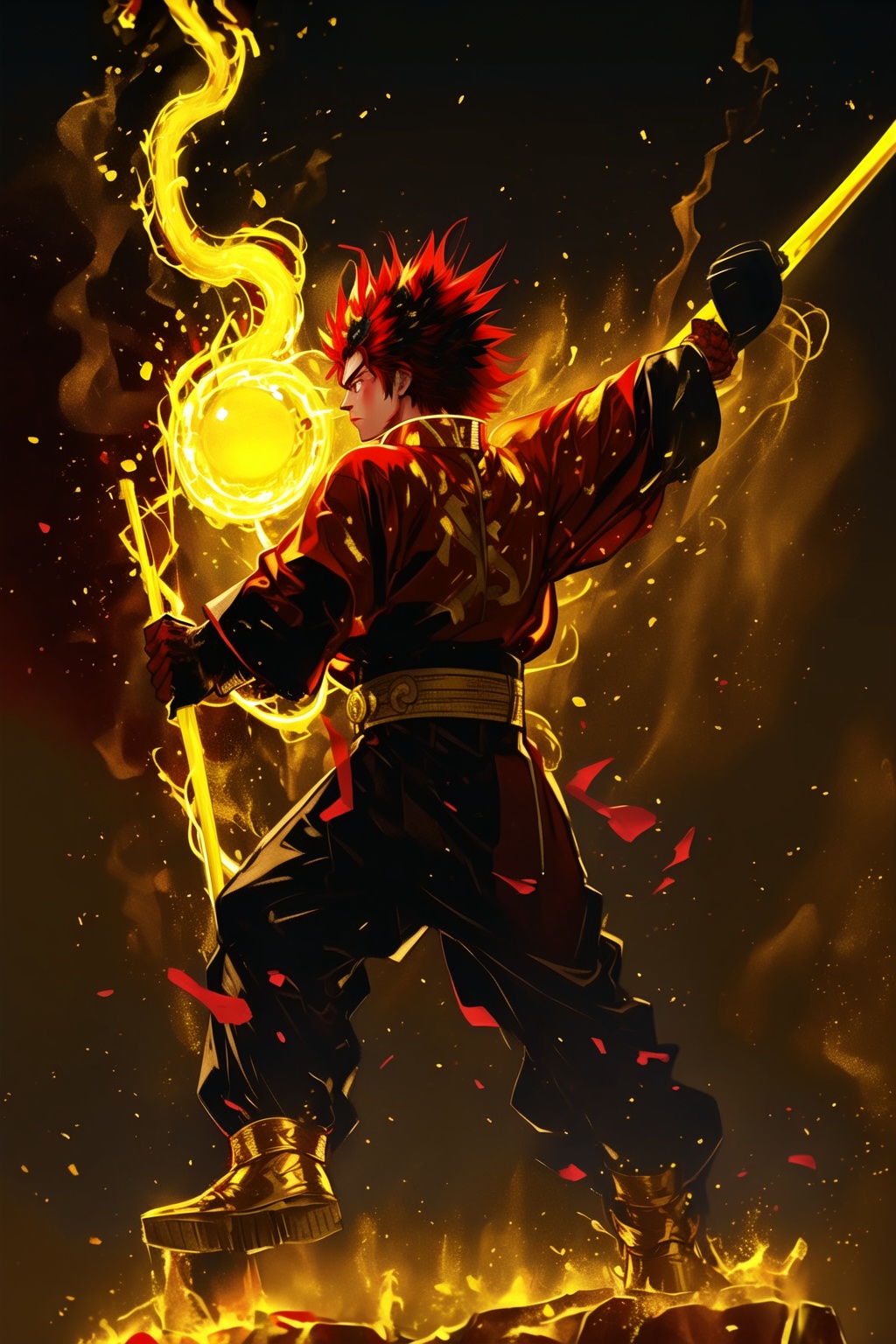 ycbh, 1boy, male focus, solo, red hair, fire, black hair, holding weapon, glowing, standing, full body, Rock color board painting, texture frosted, Qi Tian Da Sheng, Sun Wukong, red, black, gold,<lora:ycbh4:0.8>,