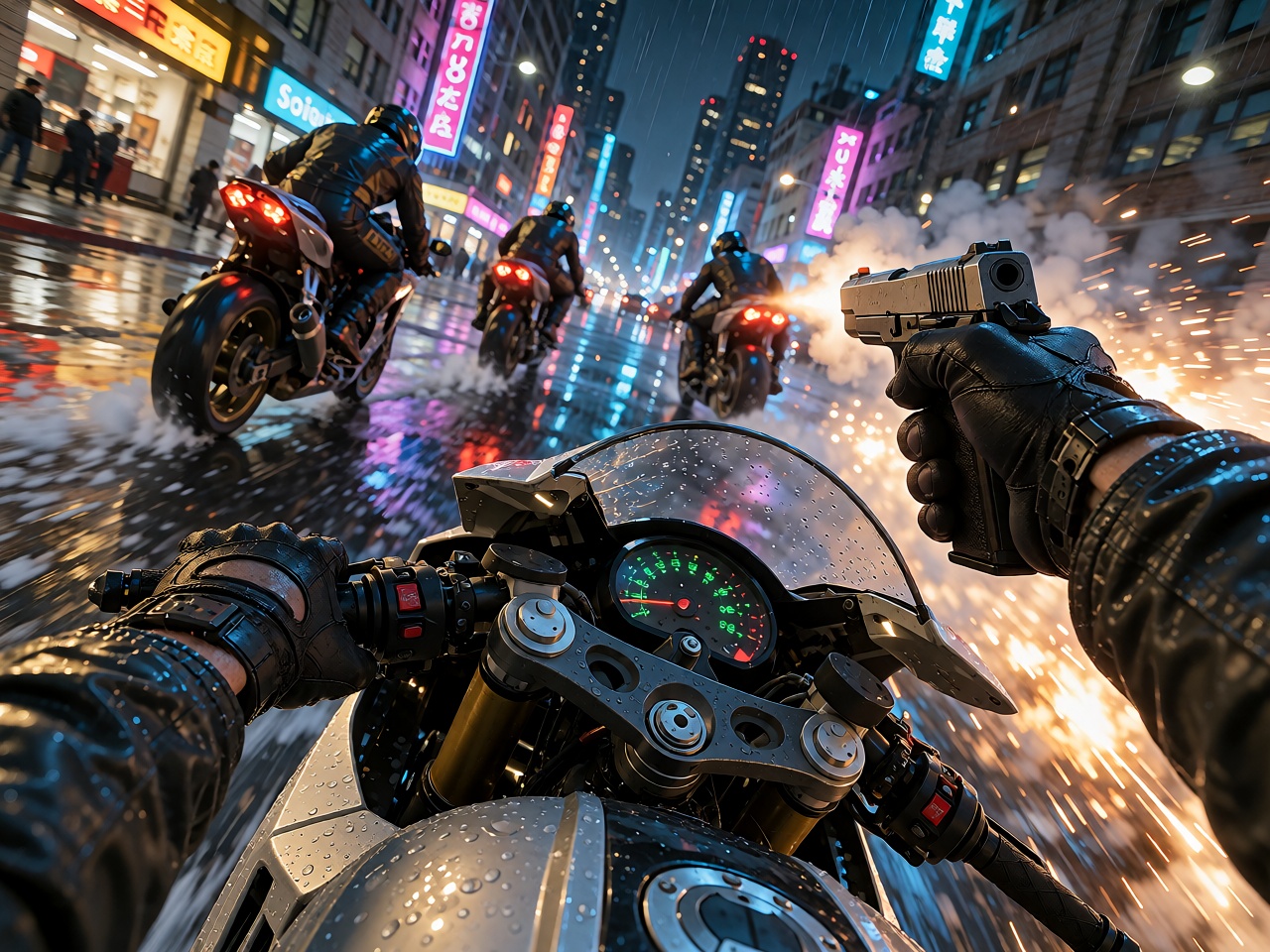 POV high-speed motorcycle chase through a neon-lit city at night,  both hands visible,  left hand gripping the handlebar t...