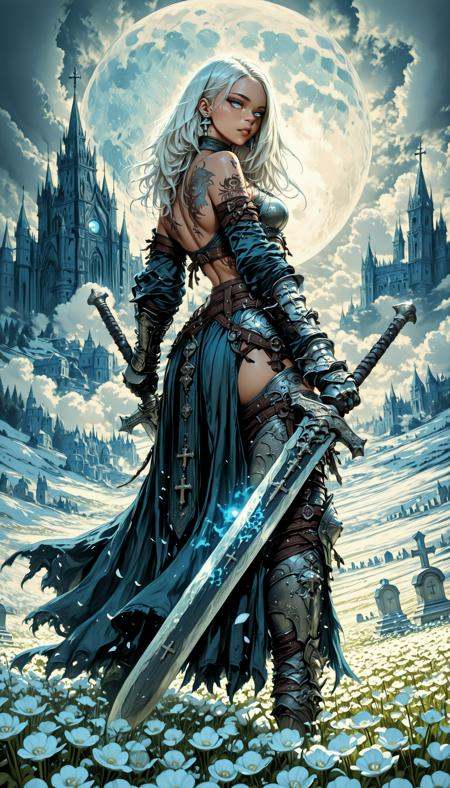hkstyle,,    holding weapon, fighting stance, holding  buster sword,huge weapon,,  fantasy anime style, anime artwork, official art, highly detailed, vibrant colors, magical atmosphere, digital painting, ethereal glow, soft shadows, cinematic lighting masterpiece, best quality, high quality, ultra-detailed, realistic,  traditional media, western comics \(style\) ,limited palette, partially colored, vivid_color, high contrast, speed lines, sound effects, move_effects, action Create a detailed and elaborate digital artwork featuring a female warrior in the foreground. The warrior has long, flowing white hair and is adorned in dark, intricately designed armor with silver accents. She is holding a long, glowing sword and is poised in a defensive stance. The background depicts a gothic cathedral with towering spires, set against a stormy sky with a full moon. The ground is covered in snow, and there are white flowers scattered around. The color palette is dominated by dark blues, grays, and whites, creating a somber and intense atmosphere. The style of the artwork leans towards dark fantasy, with a high level of detail and realism. The scene is captured from a sideview angle, focusing on the full body of the warrior. 1girl, solo, long_hair, breasts, looking_at_viewer, blue_eyes, skirt, holding, jewelry, bare_shoulders, medium_breasts, standing, white_hair, flower, weapon, outdoors, earrings, parted_lips, sky, looking_back, cloud, sword, holding_weapon, from_behind, armor, lips, tattoo, night, holding_sword, back, moon, white_flower, cloudy_sky, cross, building, night_sky, gauntlets, full_moon, dual_wielding, vambraces, field, flower_field, castle, moonlight, tombstone, hkstyle,,    holding weapon, fighting stance, holding  buster sword,huge weapon,,  fantasy anime style, anime artwork, official art, highly detailed, vibrant colors, magical atmosphere, digital painting, ethereal glow, soft shadows, cinematic lighting