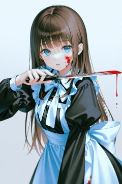 masterpiece,best quality,illustration,ultra detailed,hdr,Depth of field,(colorful),[iumu],[Artist chen bin],Artist roha, 1girl, solo, holding, long hair, blue eyes, blood, apron, knife, looking at viewer, maid, brown hair, blood on face, long sleeves, holding knife, dress, black dress, bow, shadow, juliet sleeves, white bow, maid apron, weapon, white bowtie, puffy sleeves, white apron, open mouth, blood on clothes, bowtie, holding weapon, simple background, breasts, jewelry, parted lips, upper body, off shoulder