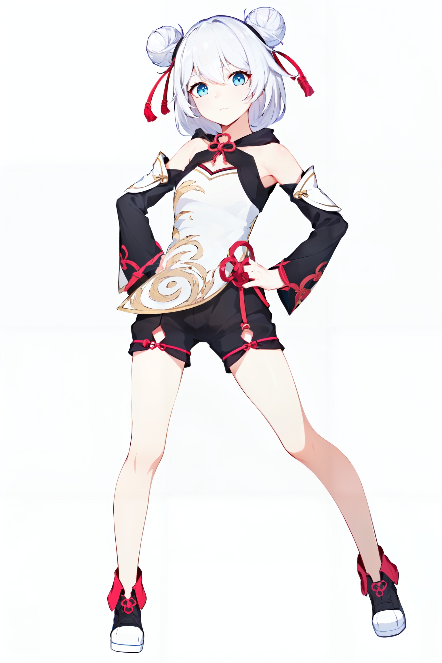 8k, best quality, masterpiece, (ultra-detailed:1.1), (high detailed skin), (full body:1.3), white background, standing, looking at viewer, (solo:1.4), hand on hip, <lora:tangou-v100:0.8:lbw=OUTALL>, tangou, 1girl, theresa apocalypse, double bun, hair bun, chinese clothes, blue eyes, bare shoulders, bangs, white hair, short hair, black shorts, (white background, simple background:1.6), (beautiful_face), ((intricate_detail)), clear face, ((finely_detailed)), fine_fabric_emphasis, ((glossy)), full_shot, 