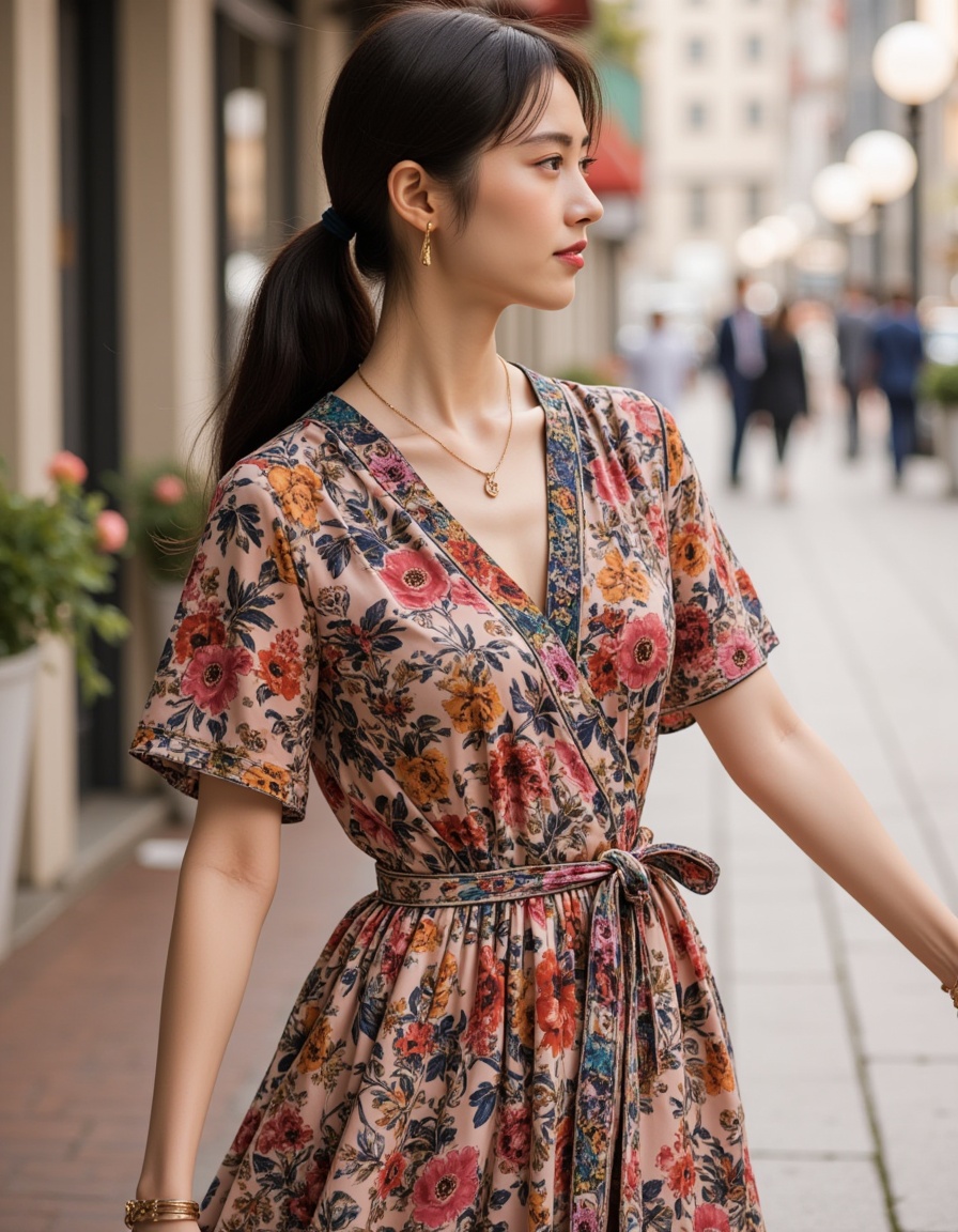 a real picture of a south korea woman,Hermes silk scarf-printed midi dress with a belted waist,