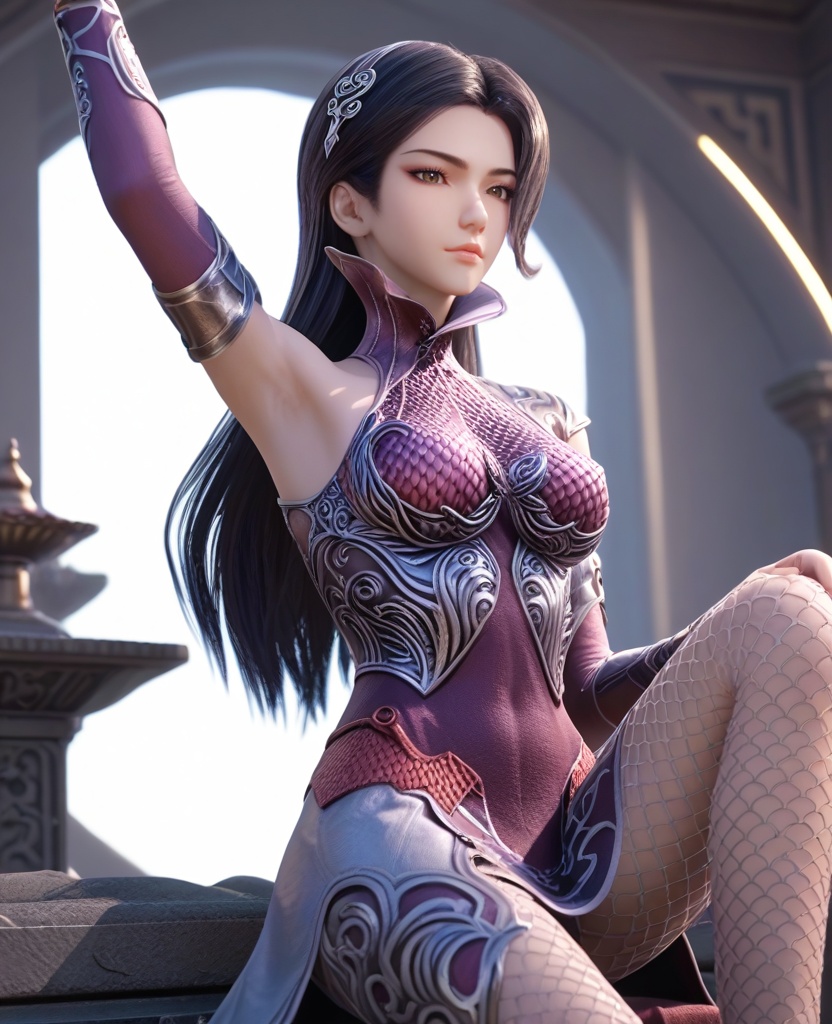 (oriental architecture, elegant decor, sophisticated style:1.1),(Sitting with one leg raised and arms reaching forward:1.1),(breasts:1.2),<lora:XL16秦时明月惊鲵:0.95>,miss jingni,corset dress with purple topwear and silver skirt,brown eyes,black hair,long hair,detached sleeves,barrettes,black leather left shoulder cut and mesh fabric on right shoulder,side slit,fishnet pantyhose,, score_9,score_8_up,score_7_up,score_6_up,score_5_up,score_4_up,3d rendering,tag1,tag2, Cinematic Lighting,backlighting,