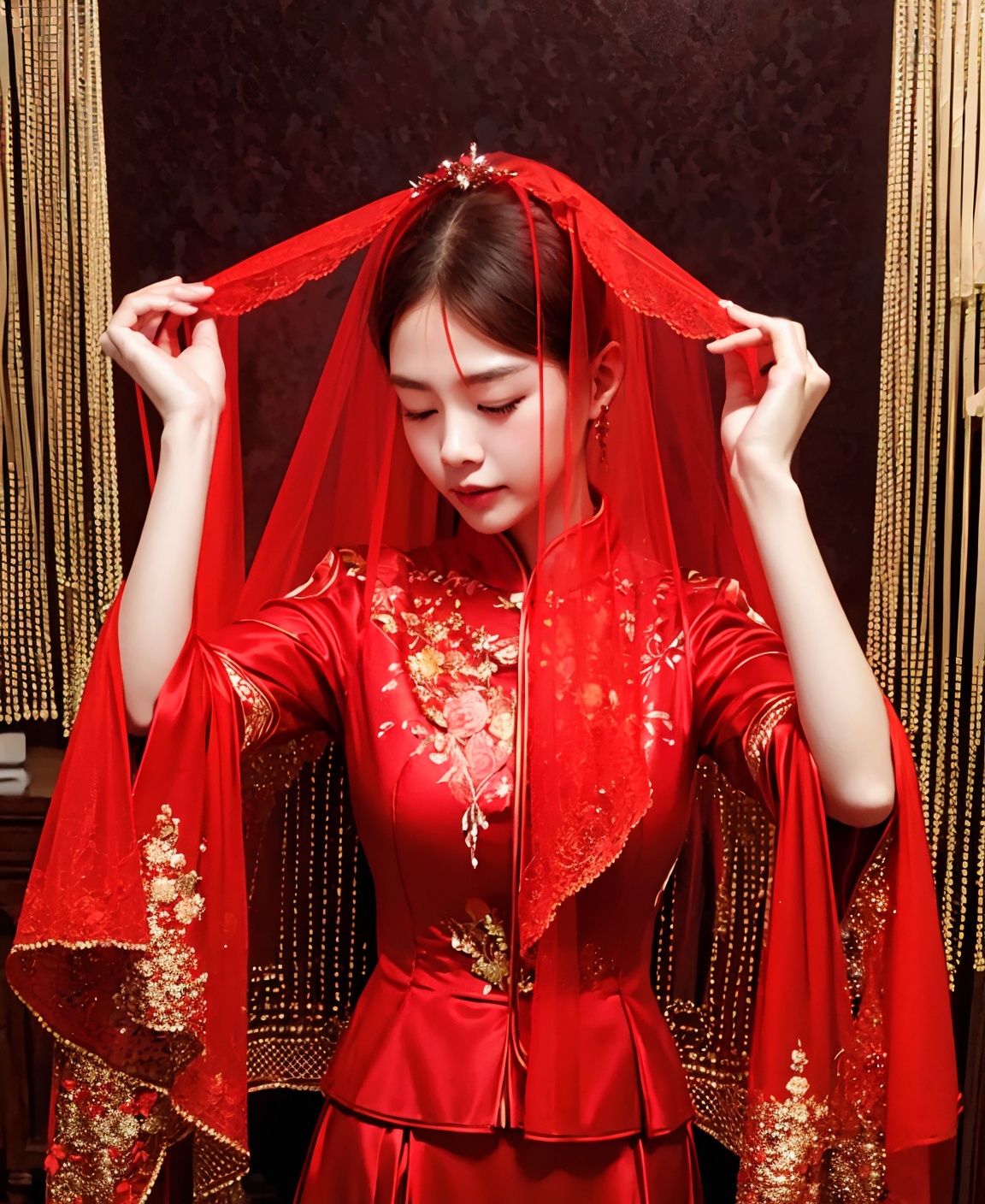 <lora:hong gai tou 1.1:0.8>veil, solo, red_hair, Red_ background, closed_eyes
