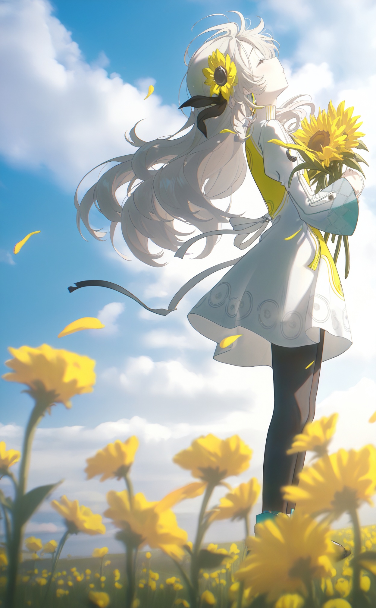 masterpiece,highres,absurdres,newest,best quality,high quality,loli,petite,chromatic_aberration,//,1girl, flower, solo, hair ornament, sky, cloud, field, outdoors, yellow flower, long hair, holding, isekai joucho, petals, dress, blue sky, flower field, virtual youtuber, hair flower, multicolored hair, falling petals, floating hair, holding flower, white hair, long sleeves, grey hair, pantyhose, two-tone dress, wind, day, full body, closed eyes, yellow dress, cloudy sky, leggings, holding bouquet, profile, black pantyhose, white dress, from side, two-tone hair, sunflower, bouquet, looking up, standing, facing up, black leggings//,<lora:konya_karasue3——【noob】hans:1>,