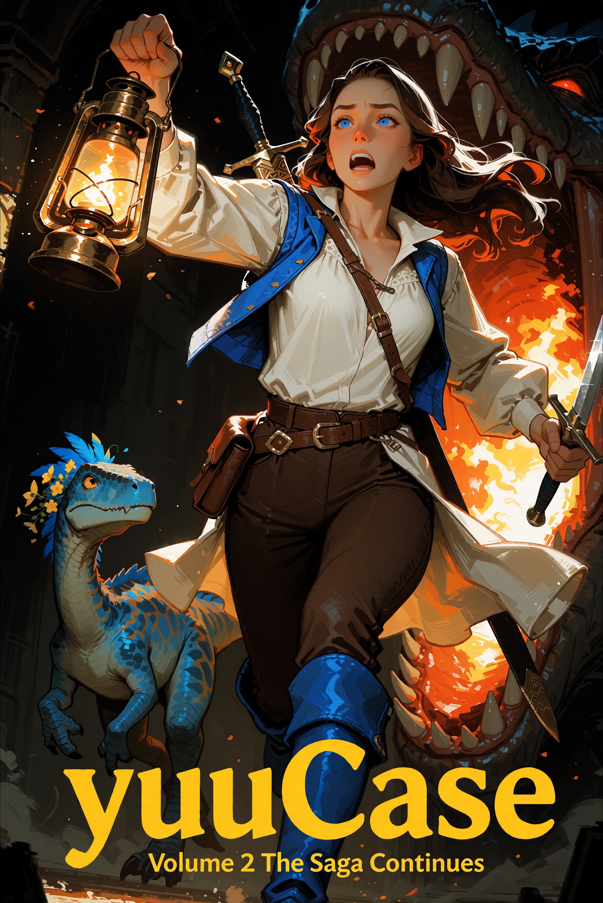 digital illustration of A low-angle medium shot captures a woman in flowing,  off-white blouse with a blue vest,  a sword...