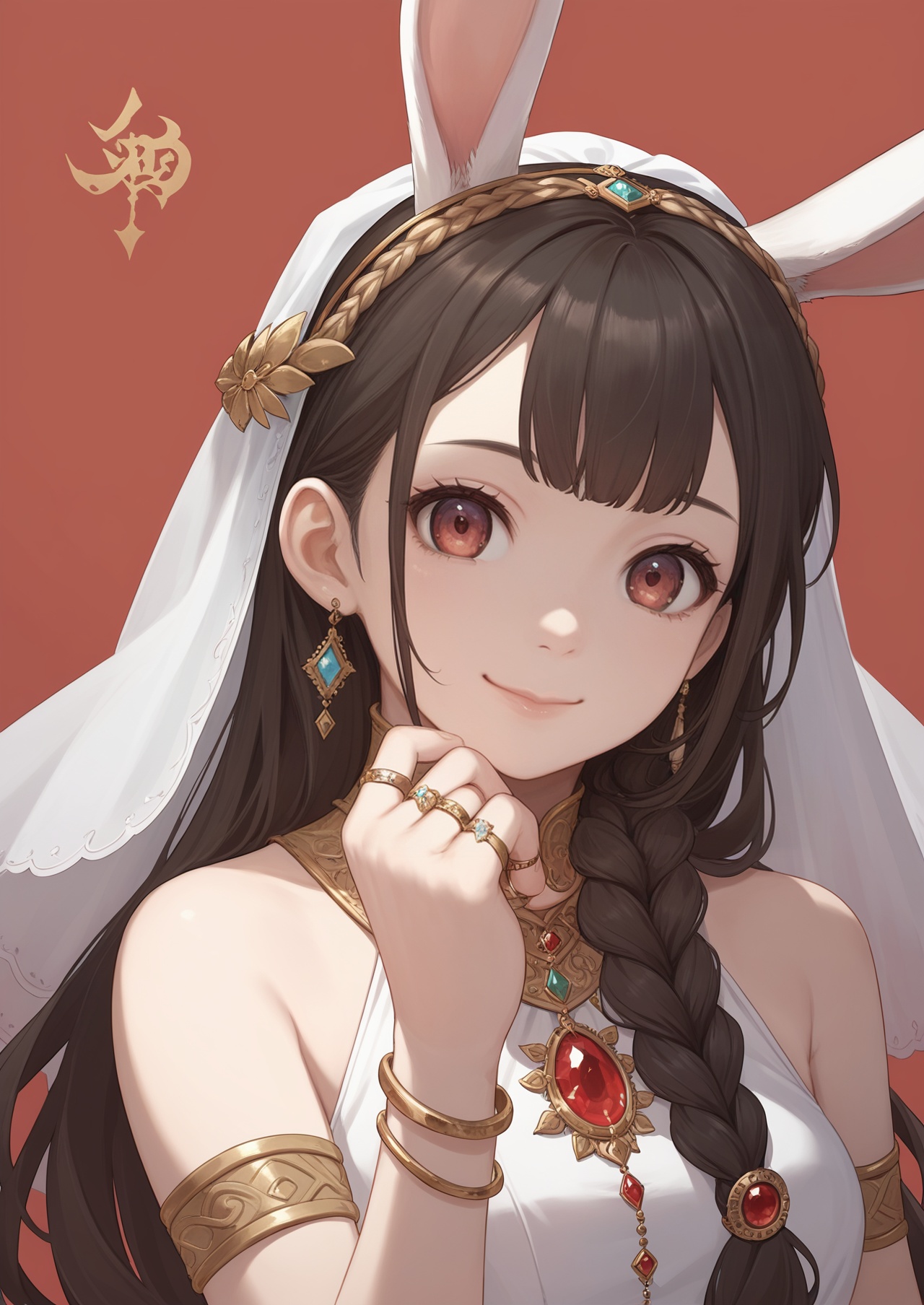 score_10,score_9,score_8_up,score_7_up,1girl,jewelry,solo,ring,rabbit ears,animal ears,gem,braid,long hair,earrings,bracelet,hair ornament,upper body,smile,black hair,looking at viewer,veil,brown hair,single braid,dress,red background,lips,closed mouth,looking_at_viewer,eye-contact,
