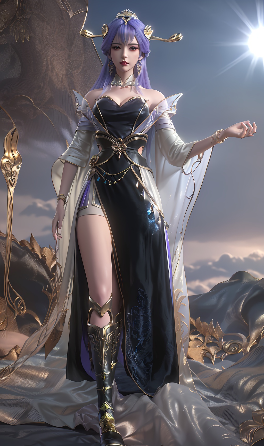 3D,masterpiece,(best quality),(makeup),official art, extremely detailed cg 8k wallpaper,((crystalstexture skin)), (extremely delicate and beautiful),(highly detailed),(face),(1girl), (solo), (jewelry), (earrings),(purple_hair),(long_hair),(hair_ornament),(handwear),(breasts),(standing),(collar),(headgear),(tassel),(long_sleeved),(detached_sleeves,(facial_mark),(bangs),(bracelet),,((tiara)),(hairpin),((crown)),,((full_body,whole_body)),(dress),,(multicolored_clothes),(multicolored_dress:1.000),(closed_mouth),(traditional_clothes:1.000),((long_dress,long_skirt)),,(gown),(shiny_clothes),(closed_mouth),(sunshine, outdoor),((looking_at_viewer)),((Facing the camera)), (long_legs),(armored_boots), (knee_boots),, <lora:hipoly3DModelLora_v10:0.3>