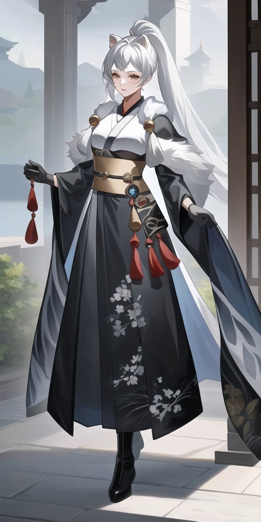 ,xuanji,1girl,black kimono,black gloves,,black boots,long sleeves,wide sleeves,long hair,solo,full body,tassel,masterpiece,best quality,HDR,UHD,8K,Highly detailed,<lora:xuanji:0.8>