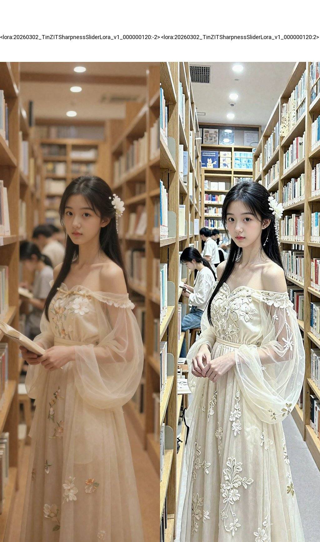 <lora:20260302_TinZITSharpnessSliderLora_v1_000000120:-2>, A photograph captures a serene, narrow library aisle lined with wooden bookshelves. A young Asian woman with fair skin, long black hair, and delicate features stands in the foreground. She wears an off-the-shoulder, cream-colored gown with intricate floral embroidery and sheer, flowing sleeves. Her attire and hair adorned with white floral accessories evoke a soft, ethereal aesthetic. The background reveals other patrons, also engaged in reading, adding to the tranquil, scholarly atmosphere. Warm, ambient lighting enhances the cozy, intellectual ambiance of the library. 