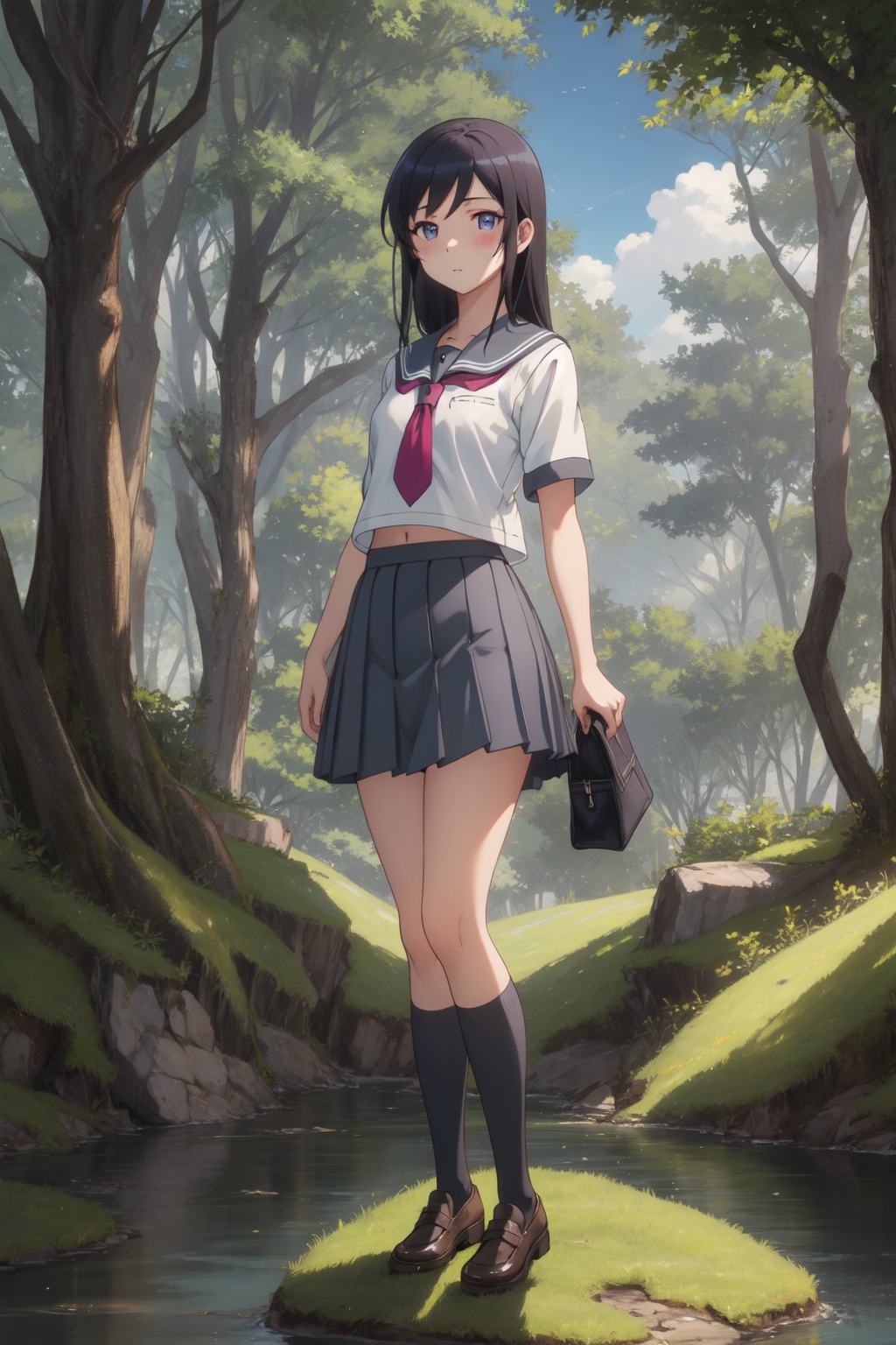 <lora:Ayase-000015:0.8>,Ayase cyql,1girl,looking at viewer,solo,long hair,black hair,blue eyes,blush,school uniform,kousaka kirino's school uniform,serafuku,skirt,pleated skirt,grey skirt,bored,full_shot,beautiful face,beautiful eyes,glossy skin,shiny skin,Forest, Brook, Sunlight, Trees, Moss, Rocks, Tranquility, Nature sounds,(Alpine flowers, Mountain peaks, Alpine meadow, Summer blooms, Alpine landscape, Mountain breeze:0.5),beautiful detailed sky,beautiful detailed glow,posing in front of a colorful and dynamic background,masterpiece,best quality,beautiful and aesthetic,contrapposto,female focus,wallpaper,fashion,