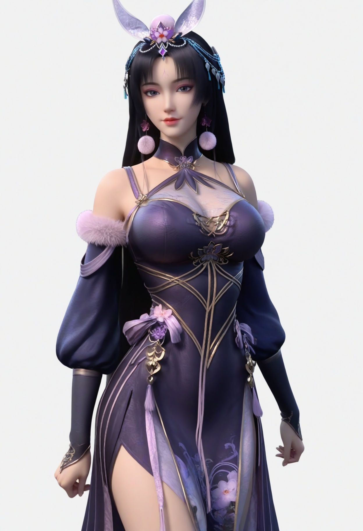 score_9,<lora:SF_MuYuMo_Pony_Realism2.3-000004:0.7>,1girl,solo,hair ornament,long hair,large breasts,black hair,dress,looking at viewer,white background,simple background,