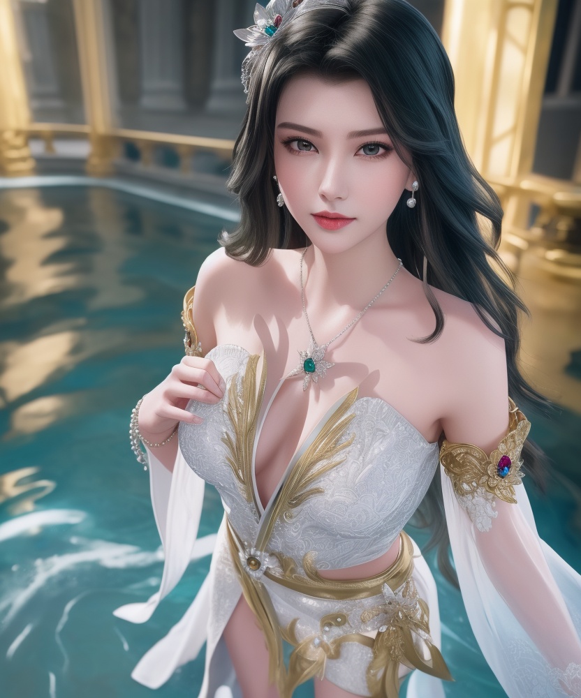<lora:542-DA-万界至尊-青雉:0.8>(,1girl, ,best quality, ),looking at viewer,  ,ultra detailed background,ultra detailed background,ultra realistic 8k cg,, ,masterpiece,((((1girl, solo,  , solo focus, ,walking on liquid, ))))    (cleavage), (), ,ultra realistic 8k cg,   clean, masterpiece,     cinematic lighting, cinematic bloom, , (( , )),,  , unreal, science fiction, luxury, jewelry, diamond, gold, pearl, gem, sapphire, ruby, emerald, intricate detail, delicate pattern, charming, alluring, seductive, erotic, enchanting, hair ornament, necklace, earrings, bracelet, armlet,see-through sleeves, ,