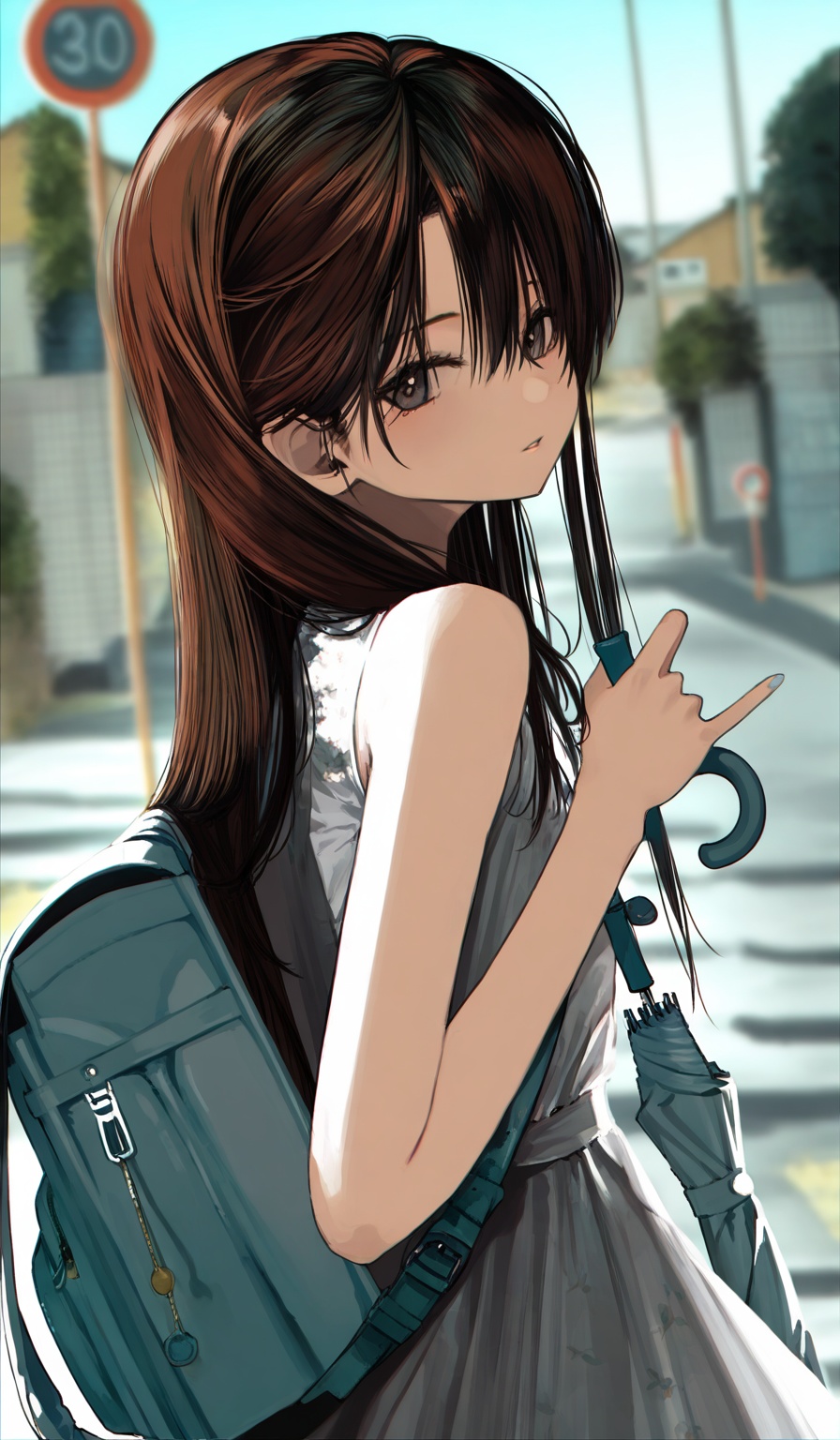 <lora:HonnryouHanaru-Style>,highres,absurdres,newest,very awa,masterpiece,best quality,year 2024,(upper body:1.6),1girl, umbrella, solo, long hair, dress, bag, holding, outdoors, backpack, white dress, motor vehicle, looking at viewer, closed umbrella, car, sleeveless, road, street, holding umbrella, black hair, brown hair, sleeveless dress, hair between eyes, road sign, blurry, bare shoulders, looking back, parted lips, blurry background, grey dress