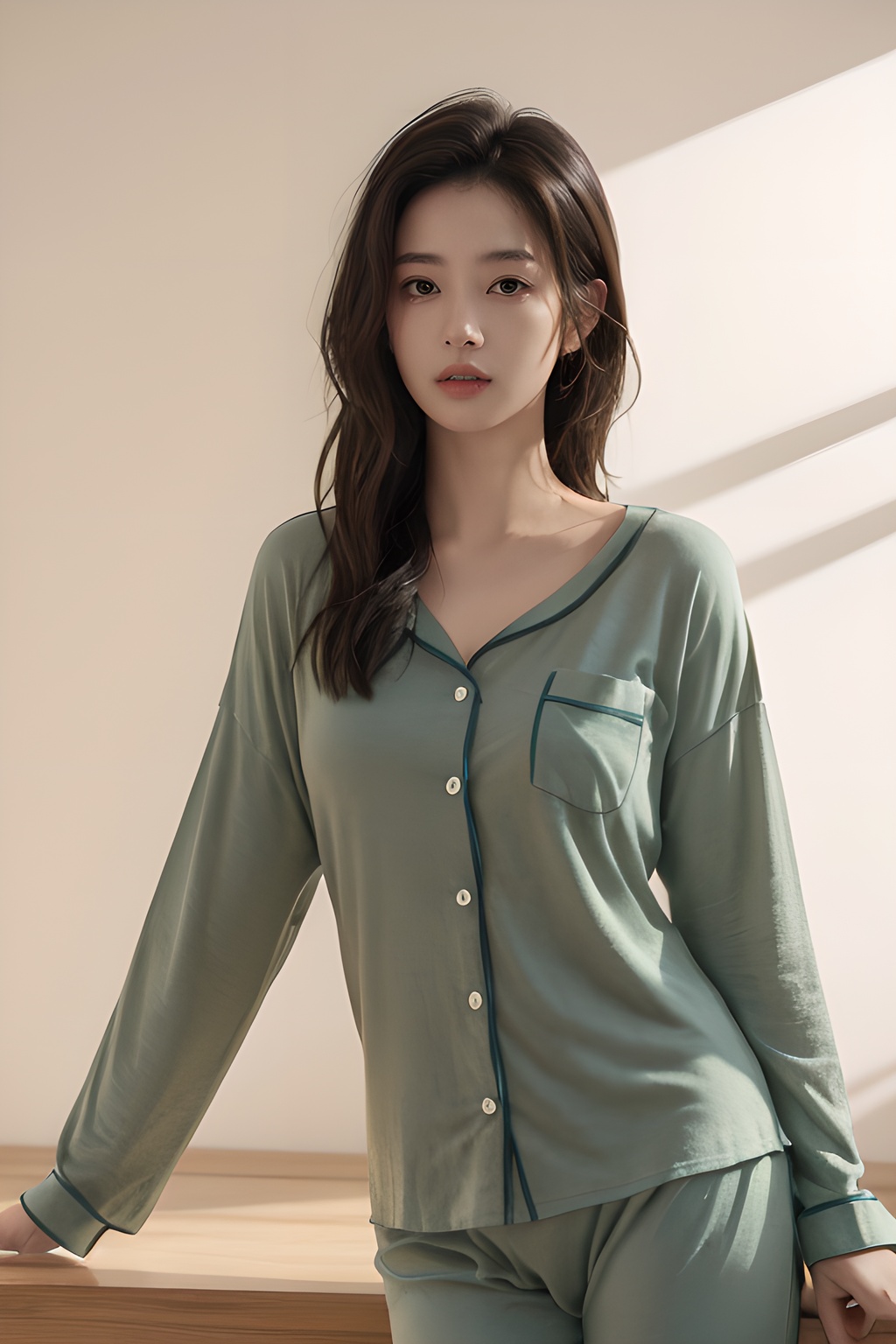 <lora:0818_07:0.7>,simple background,green_print_pajamas,, 1girl,realistic,masterpiece, best quality, photorealistic, HDR,detail