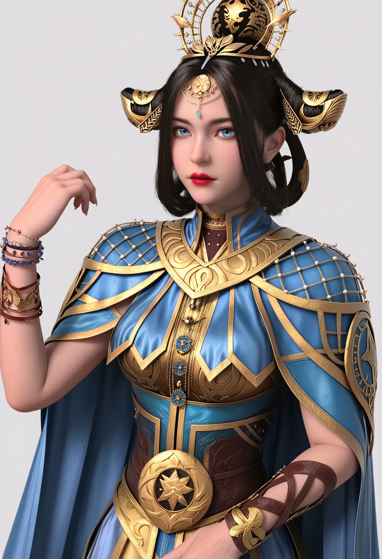 score_9,high detail,best quality,shiny skin,shiny,1girl,solo,blue eyes,black hair,hair ornament,white background,lips,realistic,jewelry,red lips,crown,cape,closed mouth,bracelet,hair rings,lipstick,makeup,armor,parted lips,looking at viewer,thighs,<lora:QQSponyxiangyunV1:0.8>,<lora:Pony_DetailV2.0:0.8>,<lora:皮肤凹痕:0.1>,