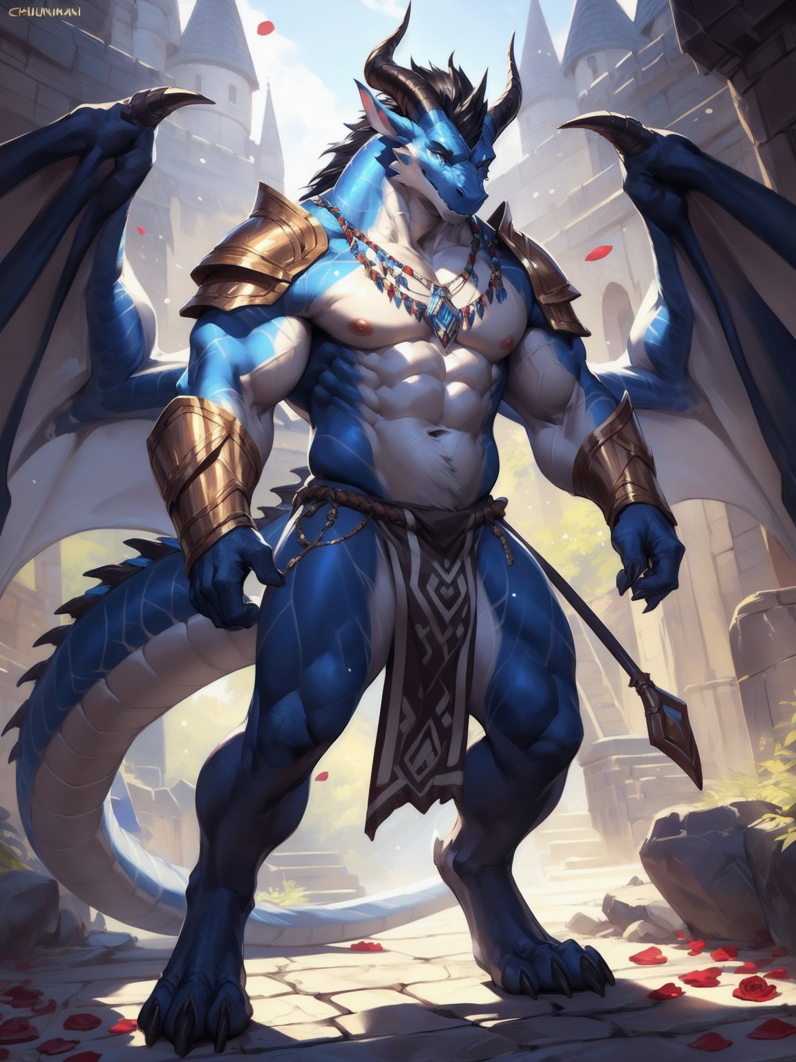 uploaded on e621, (male anthro dragon), standing, solo, muscle, detailed scale texture, old castle, (battlefield), (tribal clothing, ((long loincloth))), (shoulder armor, leg armor), (blue body, white belly), (art by chunie, (drakgem), ((rakisha)), (kontanagamori)), (front view), looking pleasured, [simple background], detailed pupils, masterpiece artwork, caustics, rim lighting, single light source, sharp shadows, solo portrait, (digitigrade), (kemono), by inessa garmash, greg rutkowski, pino daeni, ruan jia, (light particles), rose petals, 2 wings, horn