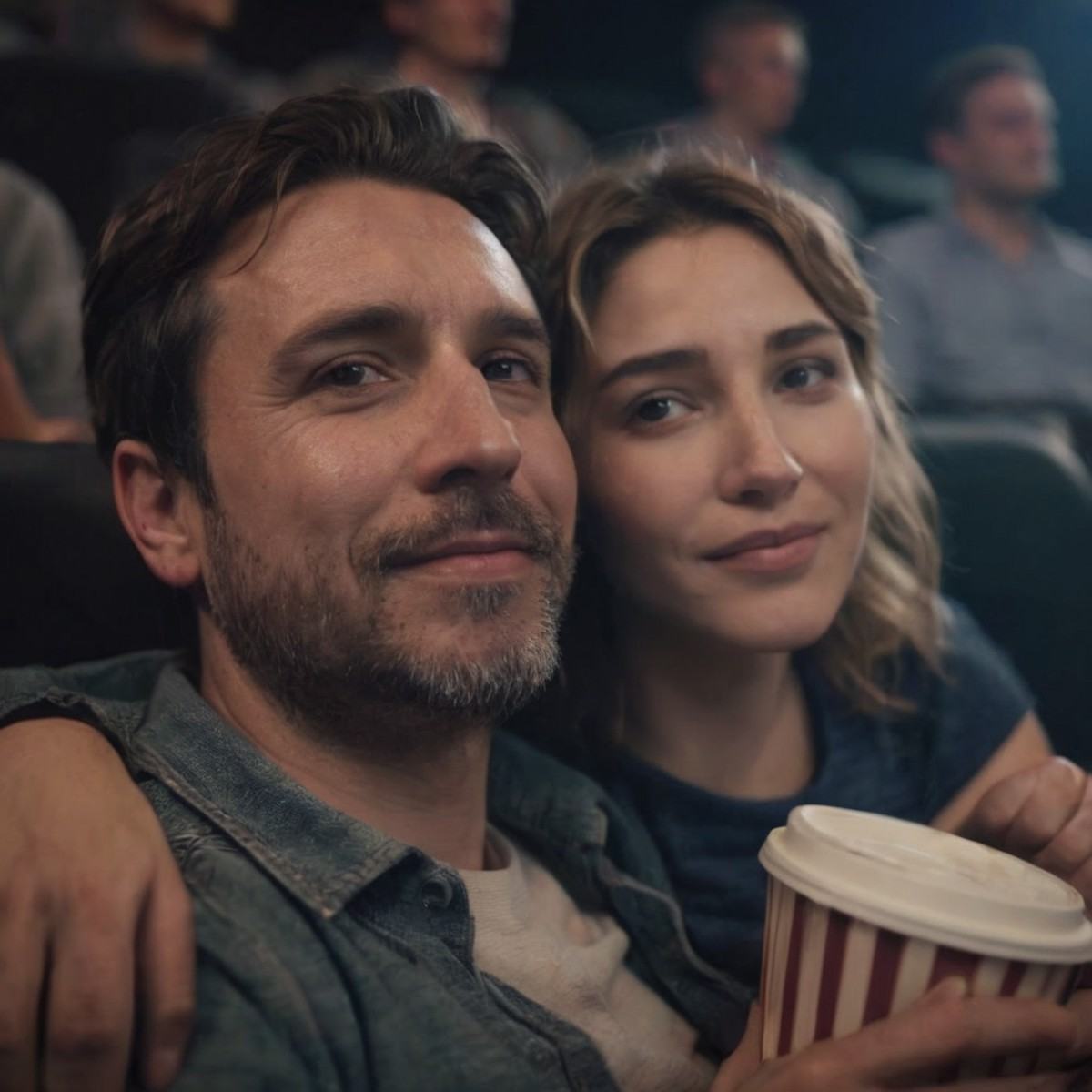 photograph close up portrait of Embraced couple enjoying in a movie in theatre ,  cinematic 4k epic detailed 4k epic detai...