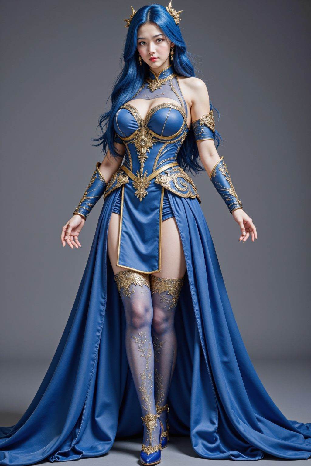 young girl attractive woman with long flowing blue hair and piercing brown eyes. She wears a blue and gold chinese armor-like dress, accentuating her ample breasts and curvy figure. Her skin is pale, and she has a regal, almost ethereal presence, full body, the outfit includes a sleeveless high-necked top with intricate gold and silver designs, a pleated blue skirt that flows out into a dramatic, flowing train, and thigh-high stockings with intricate patterns. Her footwear is a pair of blue high-heeled shoes with gold accents.