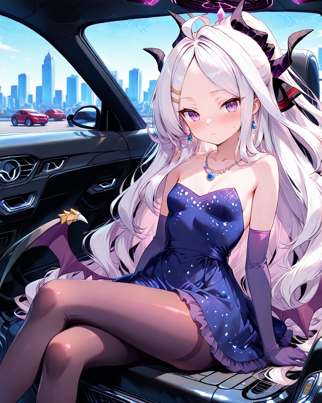 Hina (Blue Archive),O,Hina \(Blue Archive\), 1girl, hina, (blue archive), solo, long hair, dress, pantyhose, gloves, breasts, white hair, looking at viewer, elbow gloves, hair ornament, purple eyes, jewelry, sitting, horns, bare shoulders, small breasts, crossed legs, hairclip, halo, car interior, bangs, parted bangs, ground vehicle, very long hair, blue dress, blush, necklace, purple gloves, ahoge, motor vehicle, car, strapless, earrings, brown pantyhose, closed mouth, purple dress, strapless dress, black pantyhose, sidelocks, frills, frilled dress, skyscraper, cityscape, multiple horns, demon horns, wings, collarbone, feet out of frame, ponytail, short dress,(UHD),anatomically correct,accurate,textured skin,super detail,high details,award winning,best quality,high quality,retina,HD,16k,1080P,