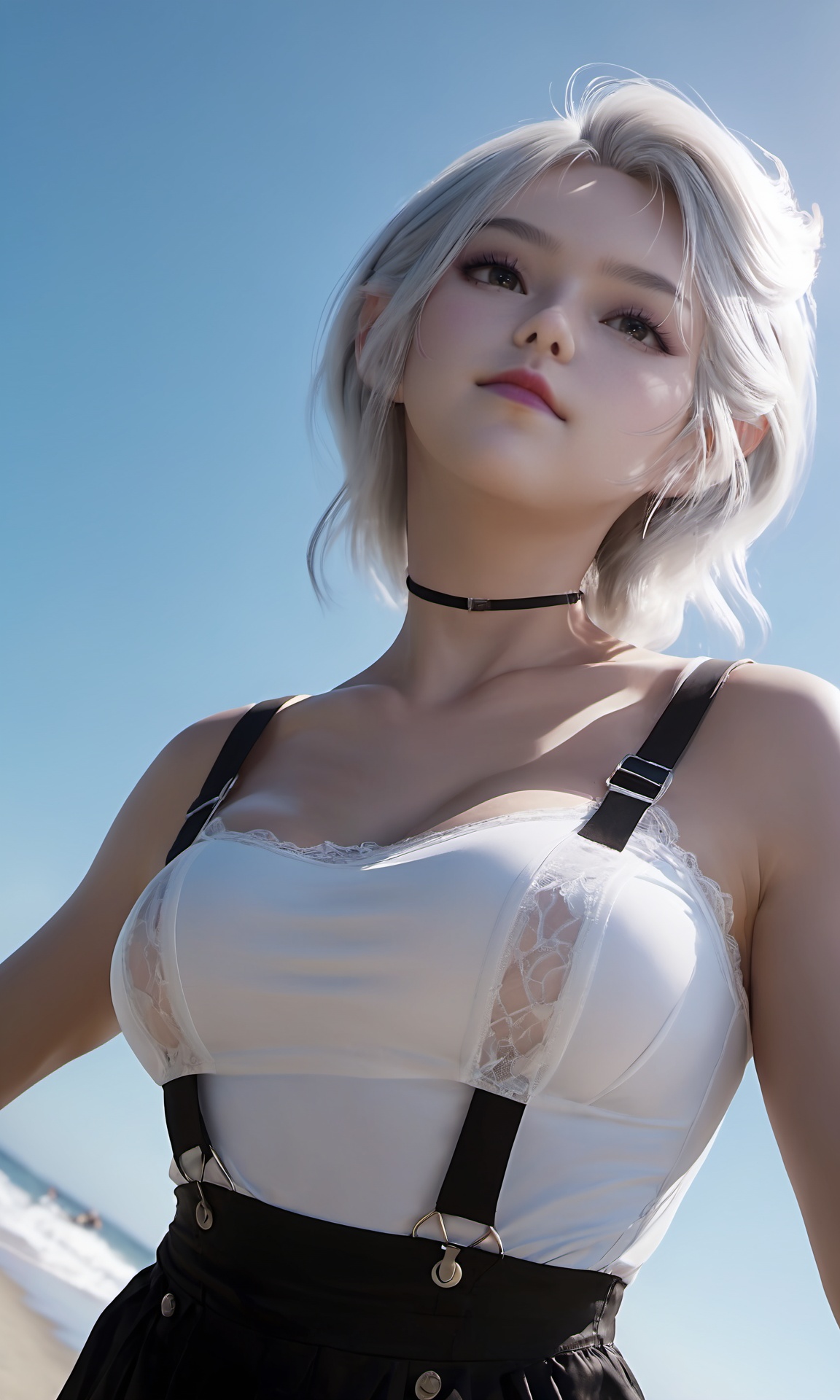 Bulolin,low angle  view close-up of a white-haired woman wearing lace suspenders,<lora:tunshi-Bulolin-000018:0.9>,at the seaside,sun illumination,soft light,