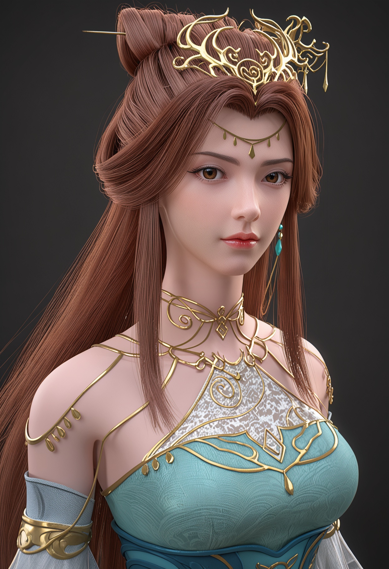 (upper_body:1.2),(looking at viewer:1.1),facing viewer,direct gaze,<lora:YQ_pony_sulingyun_V4:0.8>,1girl,solo,long hair,brown hair,hair ornament,dress,hair bun,brown eyes,jewelry,blue dress,detached sleeves,earrings,green dress,necklace,animal ears,shoes,pantyhose,high heels,tiara,blue footwear,circlet,black footwear,hair rings,BREAK (white skin:1.1),(fair skin:1.1),(Ivory skin:1.1),(shiny skin),perfect anatomy,(simple background,pure black background,black background:1.1),
