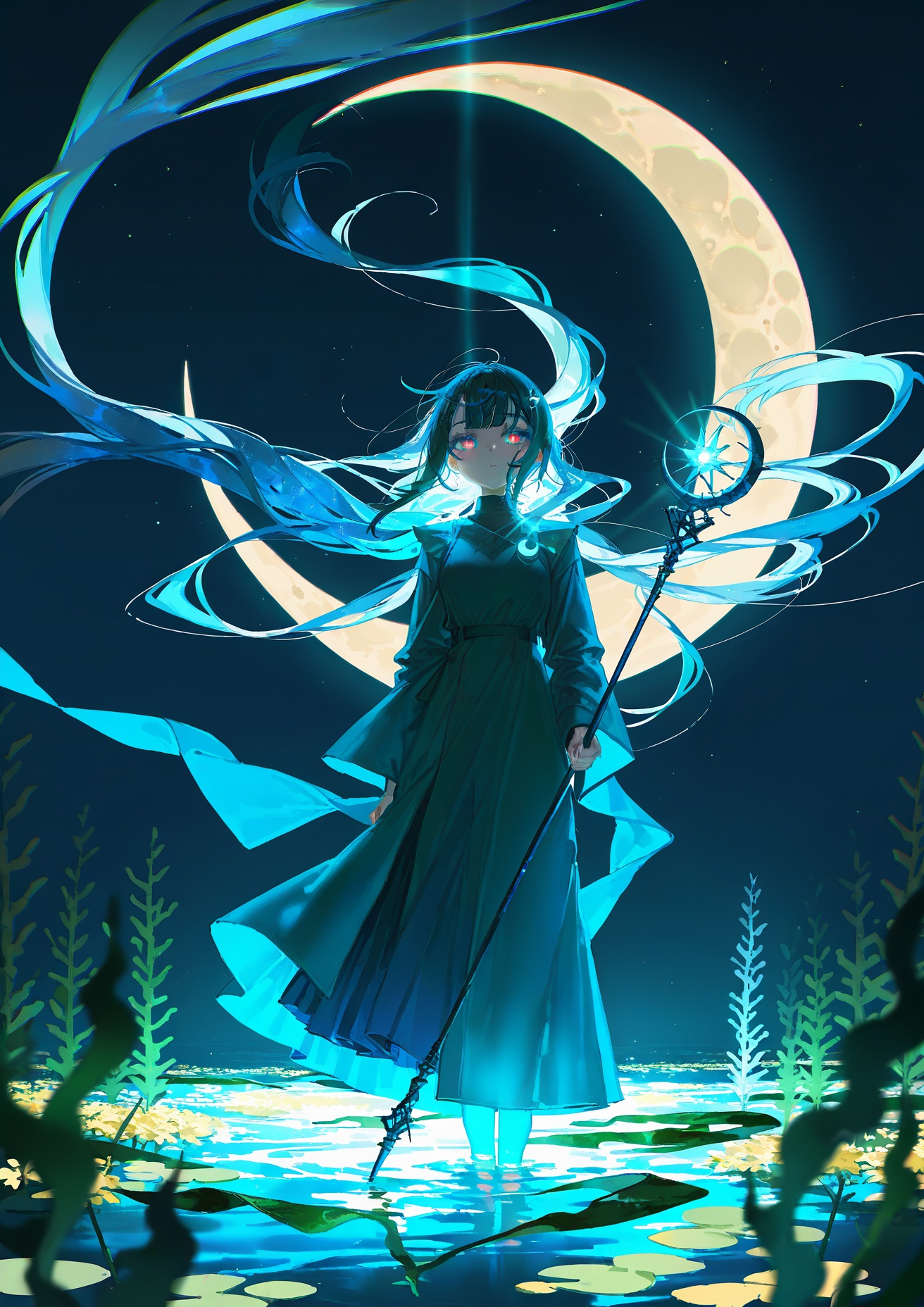 masterpiece, best quality, year 2024, newest, highres, absurdres, illustration, (inverted reflection:1.2), underwater, (kelp forest:1.1), seaweed, light rays, caustics, blue theme, green theme, floating particles, (glowing plants:0.8), bioluminescent, starry sky, crescent moon, flower field, (glowing flowers:0.8), 1girl, witch, floating, long robe, staff, chromatic aberration, light particles, double exposure, cold colors, warm color accents, (transparent background:0.8), flowing elements, quasarcake:0.4, (mika pikazo:0.8), (rei \(sanbonzakura\):0.7), tsuruse0.2, (wlop:0.1), (nixeu:0.1)