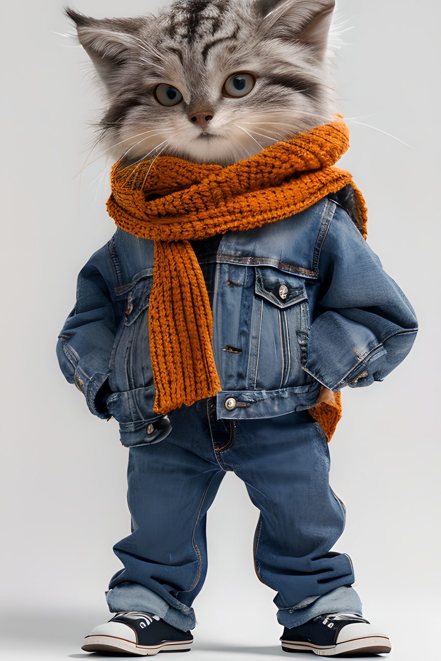 masterpiece,best quality,solo,looking at viewer,simple background,white background,long sleeves,standing,hat,jacket,full body,tail,open clothes,shoes,pants,grey background,scarf,animal,open jacket,denim,blue pants,pocket,animal focus,brown jacket,jeans,hands in pockets,no humans,grey footwear,orange jacket,grey scarf,Pallas's cat, <lora:3D人物角色拟人动物自媒体神器_v1.0:0.8>