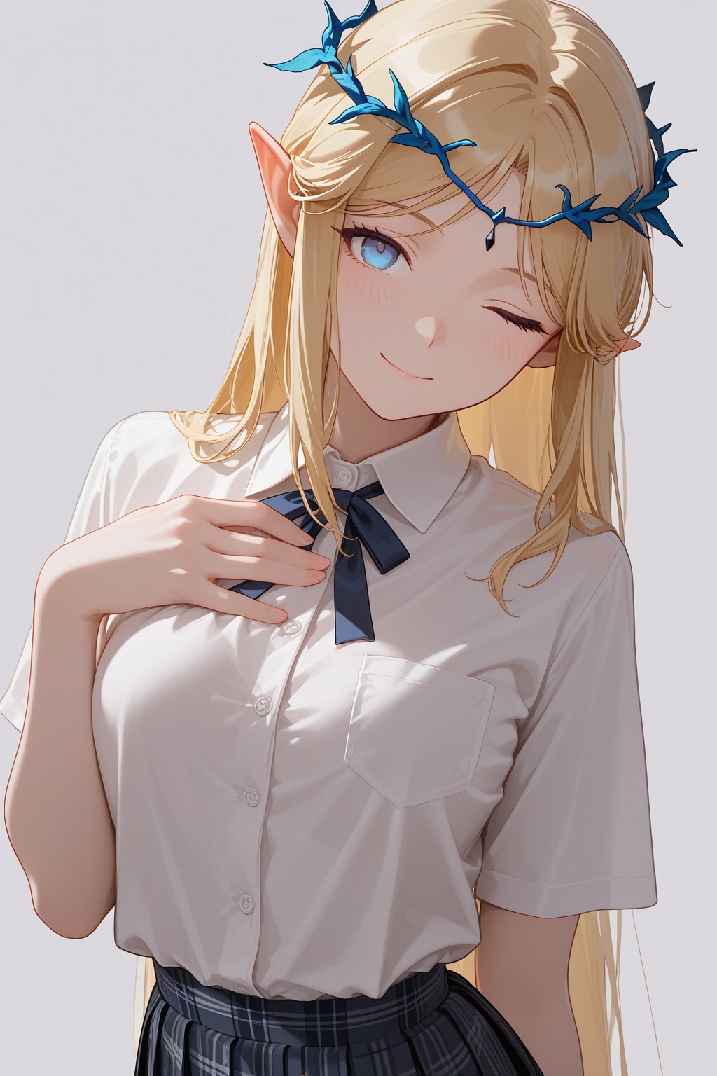 masterpiece,best quality,good quality,1girl,cartethyia \(wuthering waves\),school uniform,white white shirt,plaid skirt,blonde hair,blue eyes,closed mouth,crown of thorns,head tilt,light blush,long hair,looking at viewer,one eye closed,hand on own chest,pointy ears,sidelocks,simple background,smile,solo,upper body,white background,