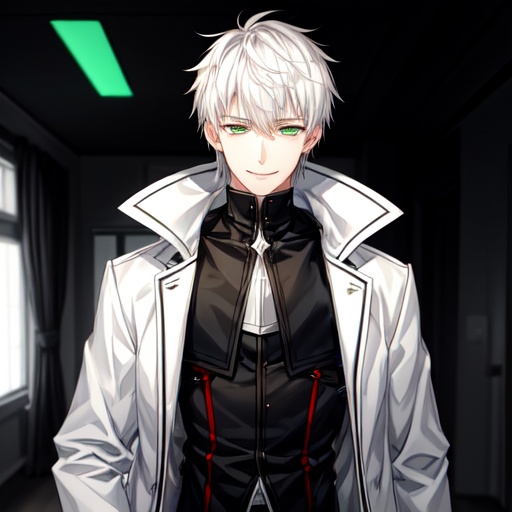full_shot,simple background,male,*****,smile,white_skin,tall,white hair,mole_under_eye,green eyes,white coat,black shirt,huge filesize,<lora:add_detail:1>,slender face,short hair,:d,