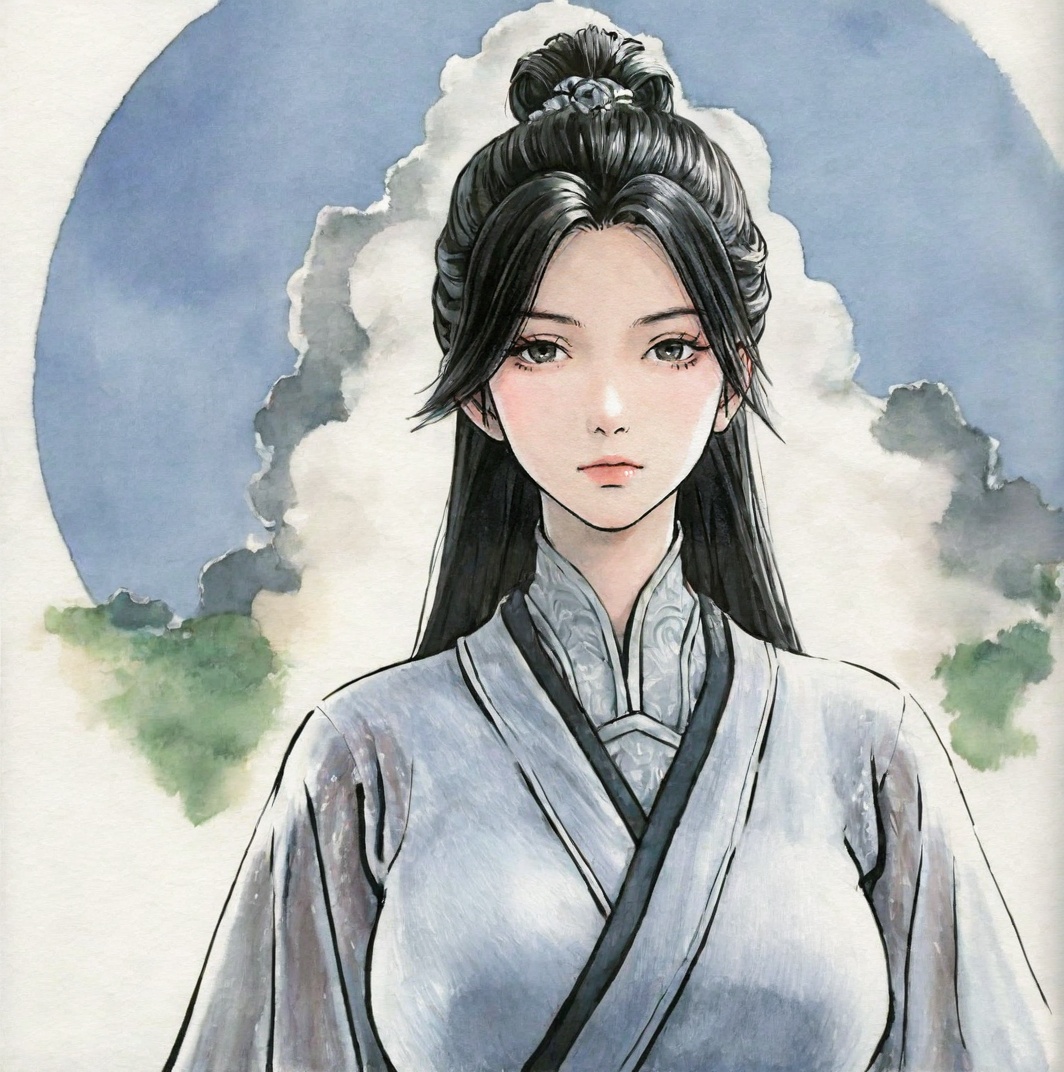 ((very awa)),solo,highly detailed,(best quality),((masterpiece)),1girl,chi,<lora:chi正则100nbXL:0.6>,painting \(medium\),traditional media,watercolor \(medium\),looking_at_viewer,<lora:陈对nbXL:0.9>,chendui,black hair,long hair,hair bun,upper_body,large breasts,