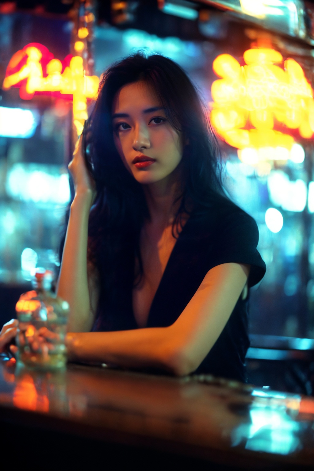1girl,solo,long hair,looking at viewer,black hair,sitting,black shirt,depth of field,blurry background,chair,bottle,sign,realistic,bar (place),neon lights,fanhuaZ,<lora:fanhuaZ_20240115183629-000008:0.8>,, (high quality), best quality, (4k), 8k, super detailed, (full detail), (masterpiece), (realistic), super detailed,(Exquisite details) ,intricate,
