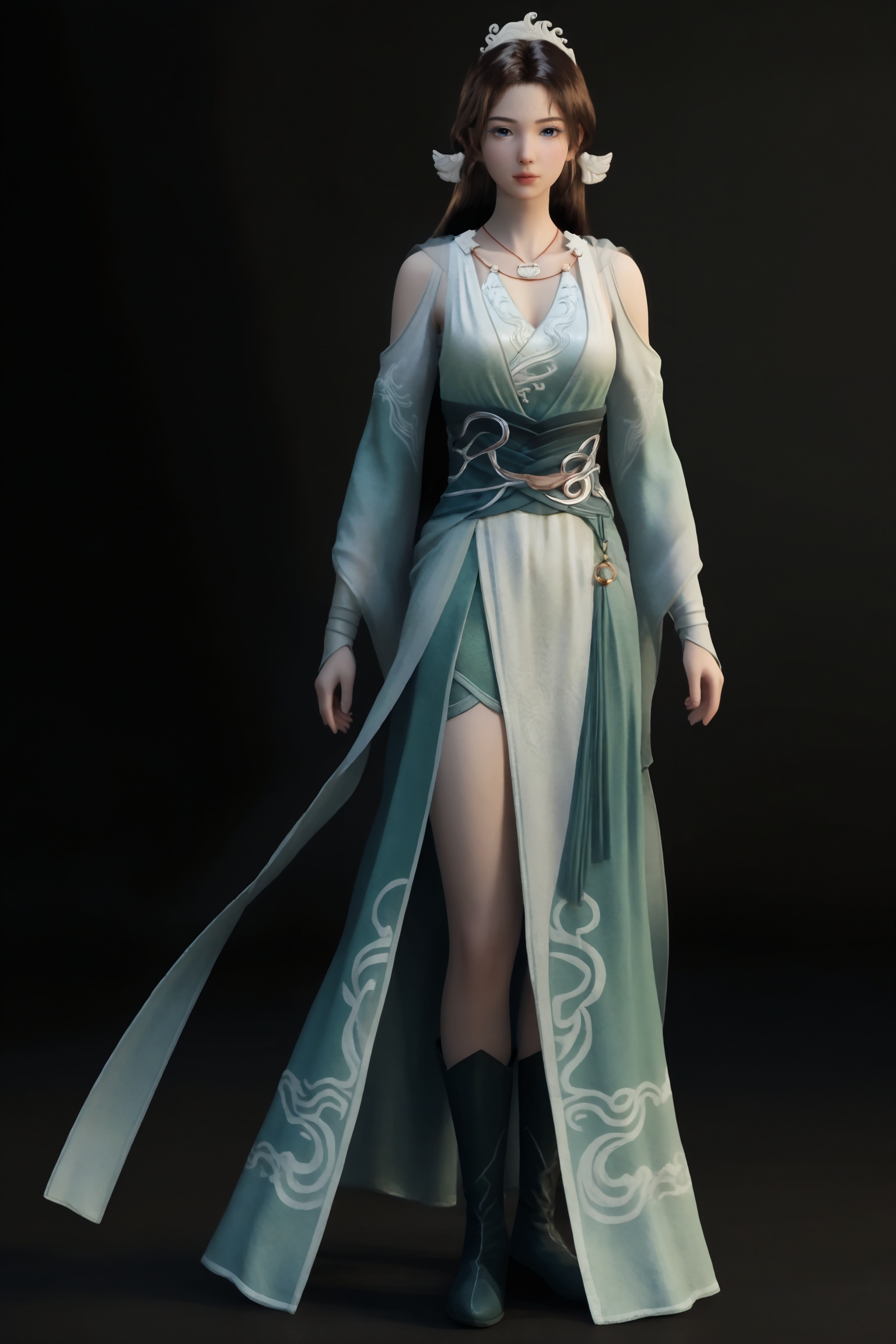 black background,standing,looking at viewer,1girl,sy\(frxxz\),long hair,brown hair,blue eyes,tiara,shoulder cutout,green dress,chinese clothes, jewelry,sash,clothing cutout,long sleeves,boots,
