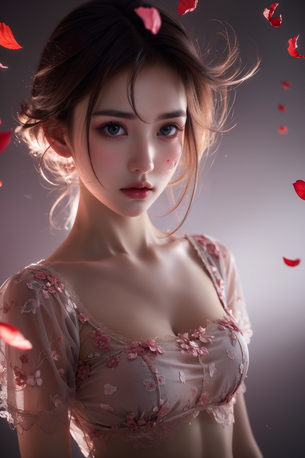 1girl,Extremely detailed facial features,full body,solo,melancholic,melancholy,nostalgic,a sense of solitude,petals,Surrealistic imagery,dreamlike atmosphere,vibrant and contrasting colors,intricate and detailed elements,