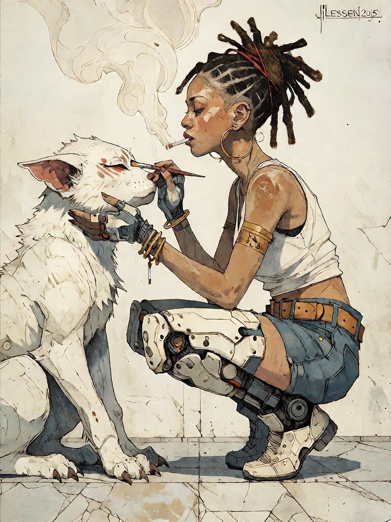 Bradhamel art style,  monochromatic illustration of a Black woman with dreadlocks tied back,  kneeling and applying makeup...